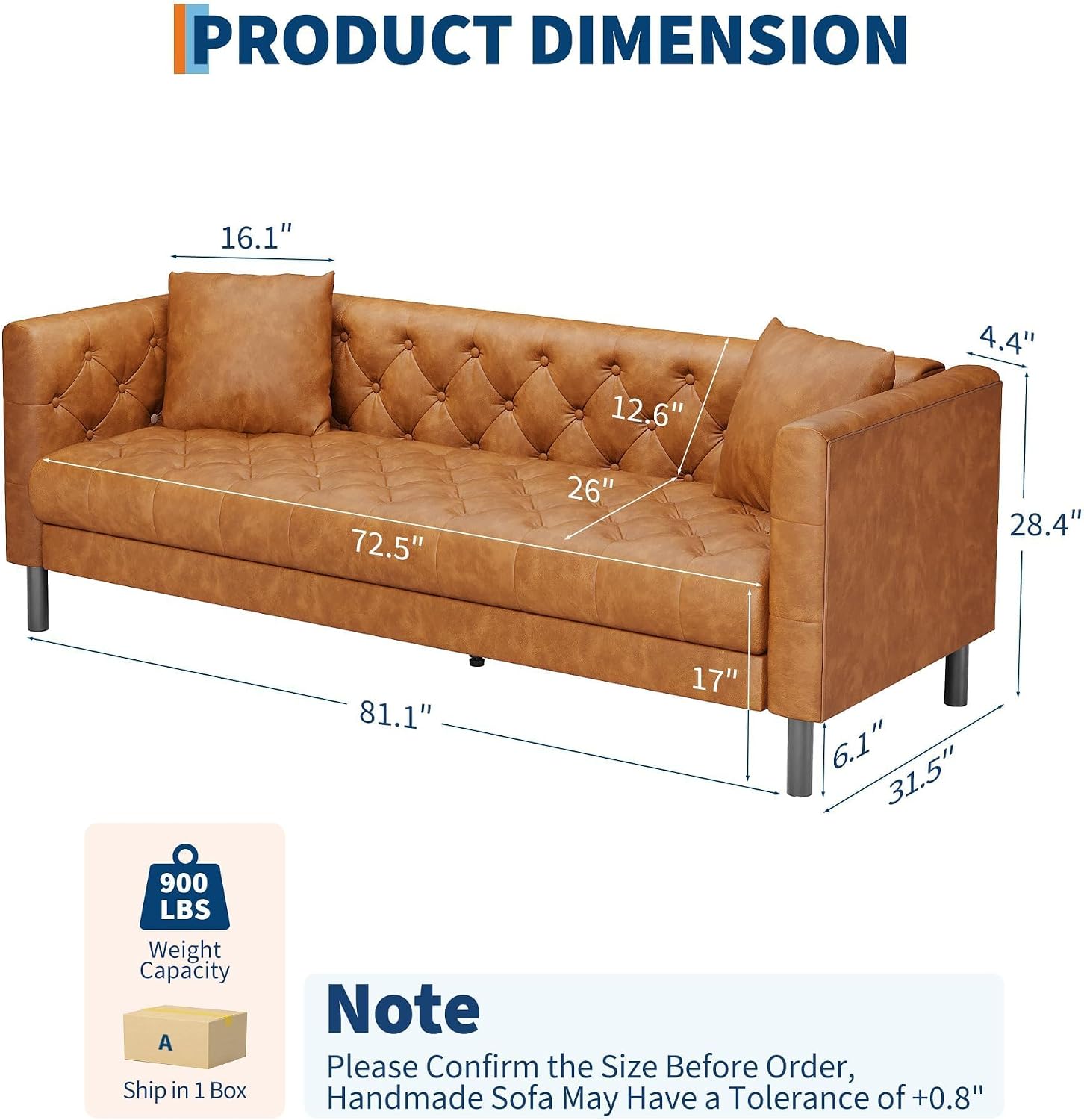 GarveeHome 81" Cognac Tan Leather Chesterfield Sofa 3-Seater Deep Seat Button Tufted