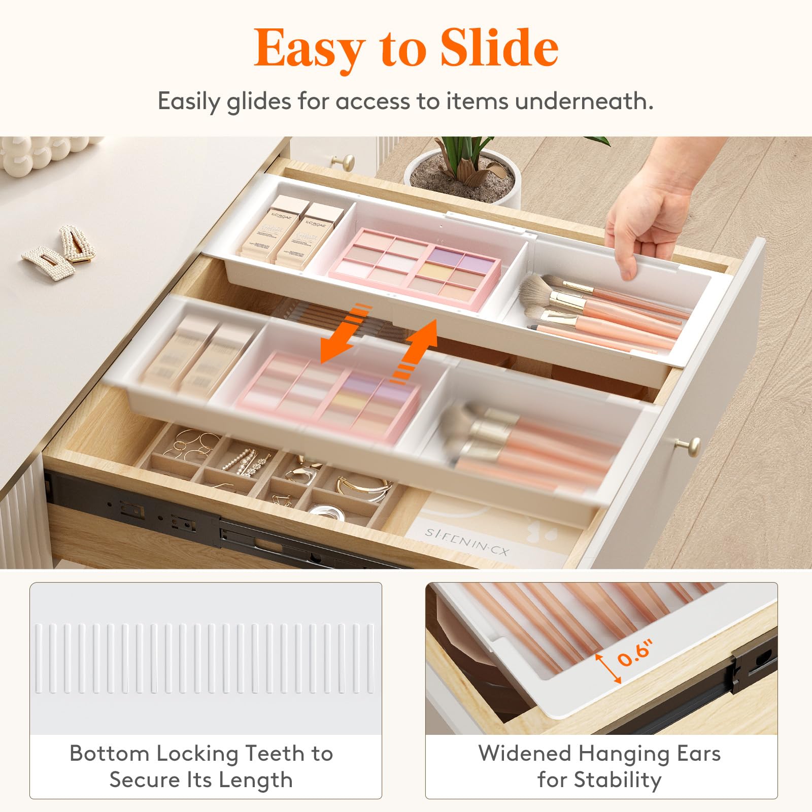Lifewit organizer do szuflad, regulowany separator szuflad, 35,2–55,5 cm długości i 4,7 cm wysokości, wiszący plastikowy organizer na kosmetyki, do makijażu, kuchni, biura, 1 sztuka, biały