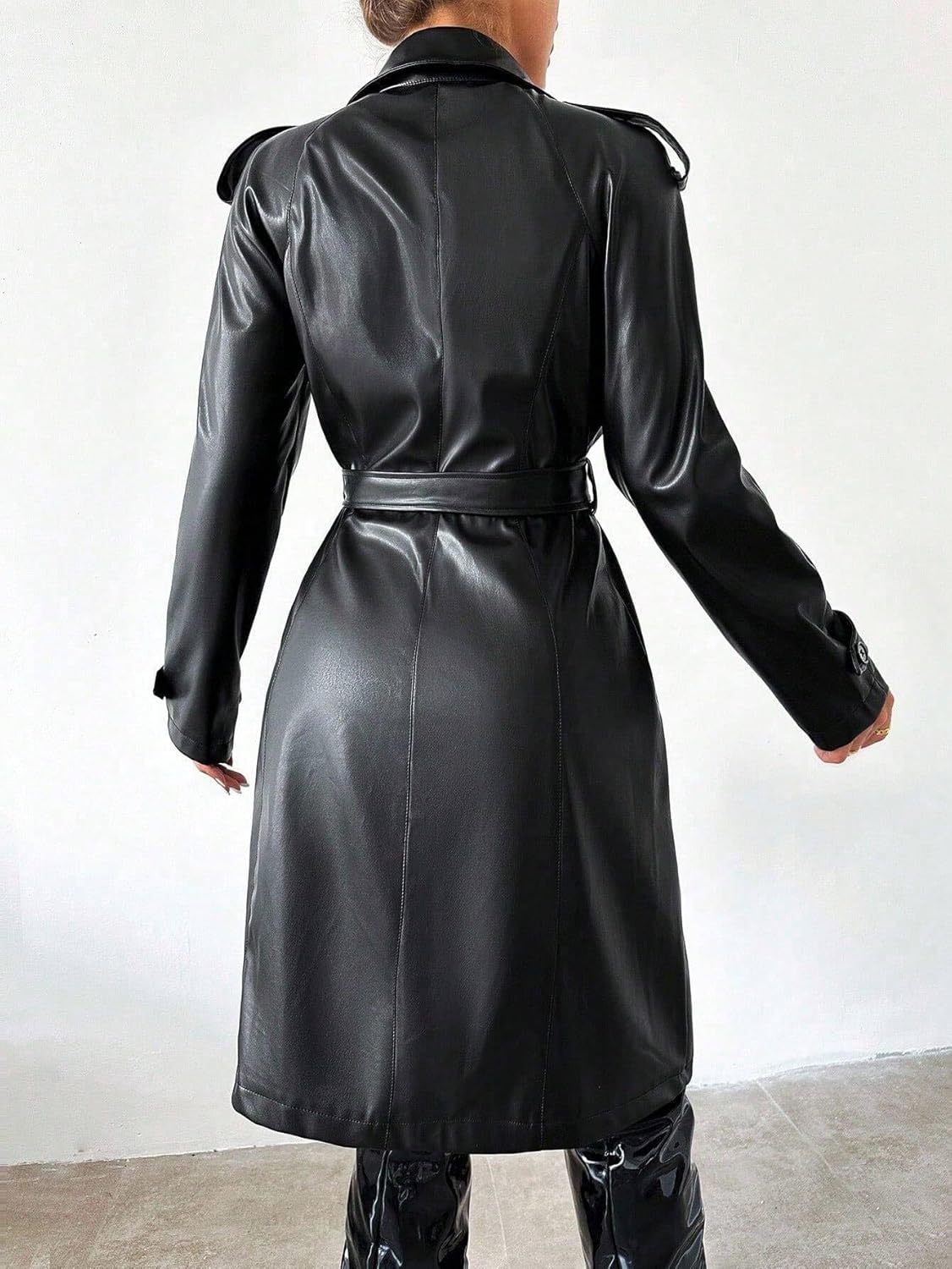 Women's Trench Coat Casual PU Leather Notched Collar Long Trench Coat Long Sleeve Classic Overcoat