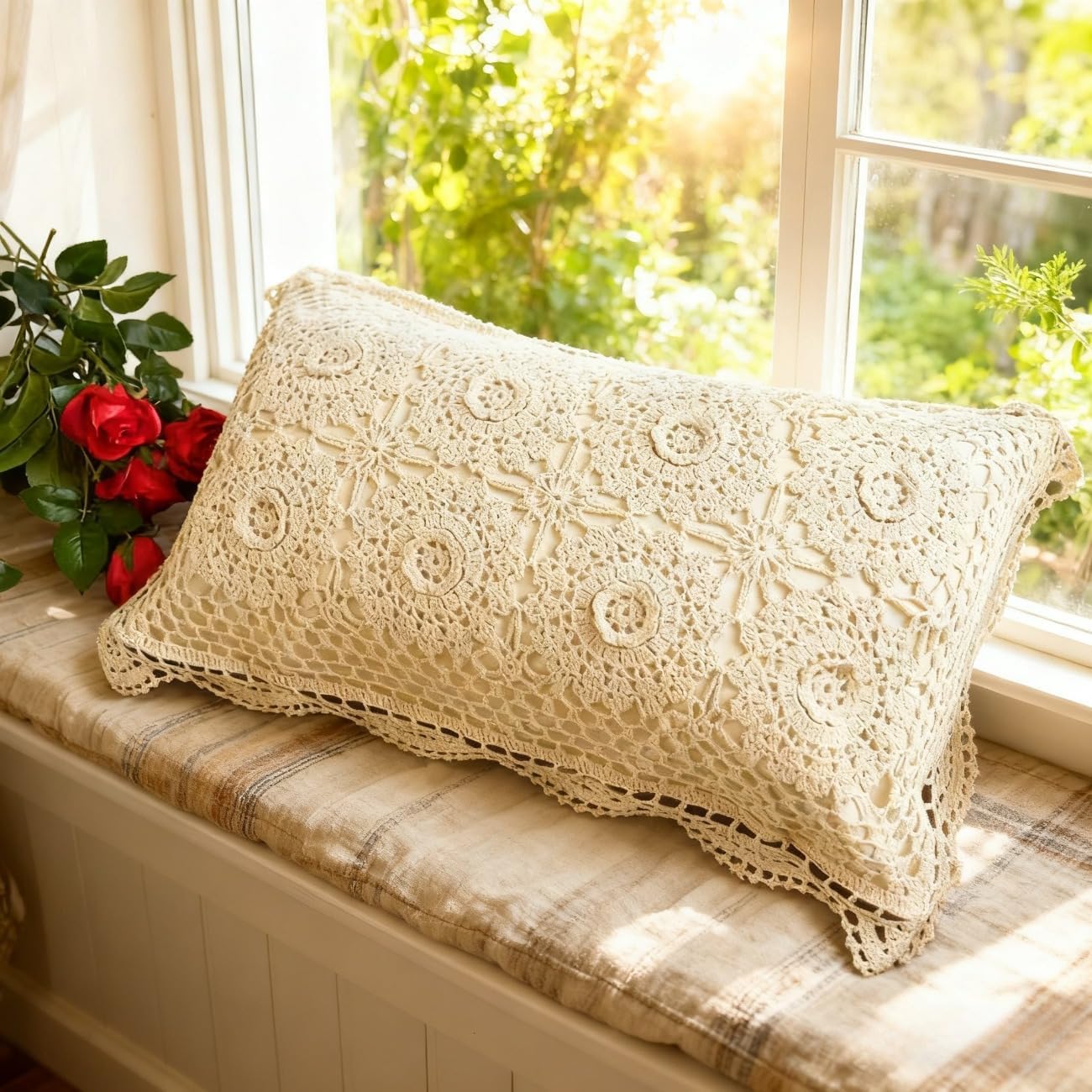 misppro 100% Cotton Creative Linens Pillowcase Crochet Embroidery 3D Lace Floral Pattern Fancy Yarn No Filling Rural Style for Couch Sofa Bed 13 x 22