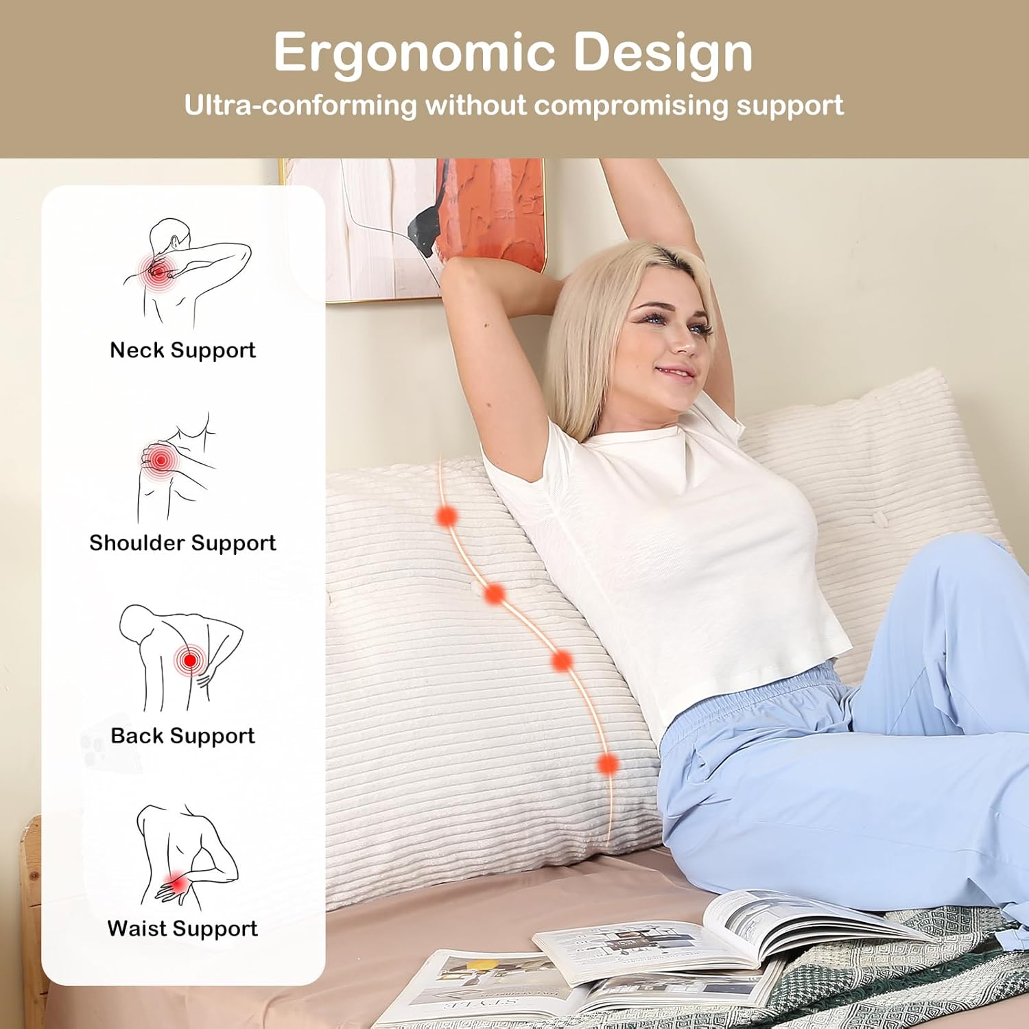 Headboard Pillow Twin, Wedge Headboard Pillow for Bed Sofa, Triangular Backrest Pillow with Removable Cover for Reading, Working, Sitting, Beige