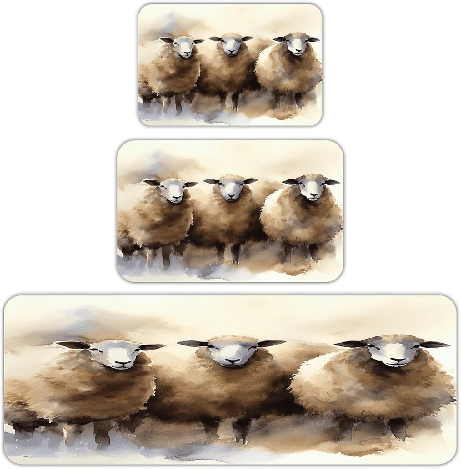 Sheeps Watercolor Kitchen Rugs Sets of 3 Non Slip Kitchen Mats for Floor Farmhouse Kitchen Sink Mat Thick Comfort Standing Mat for Laundry Room Hallway Bathroom