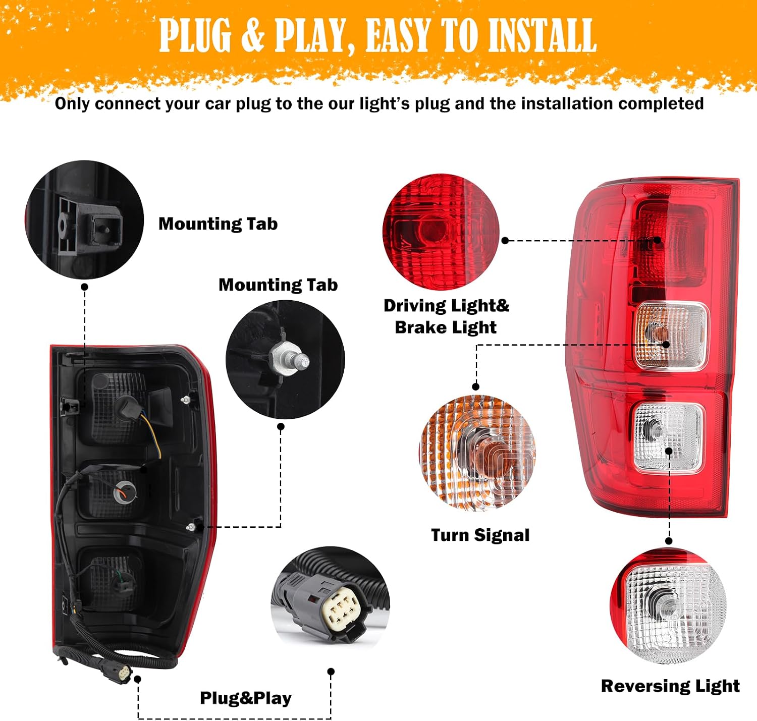 Tail Light Assembly For 2019 2020 2021 2022 Ford Ranger Rear Driving Lamp with Wire Bulbs Left Driver Side Replace KB3Z-13405-F