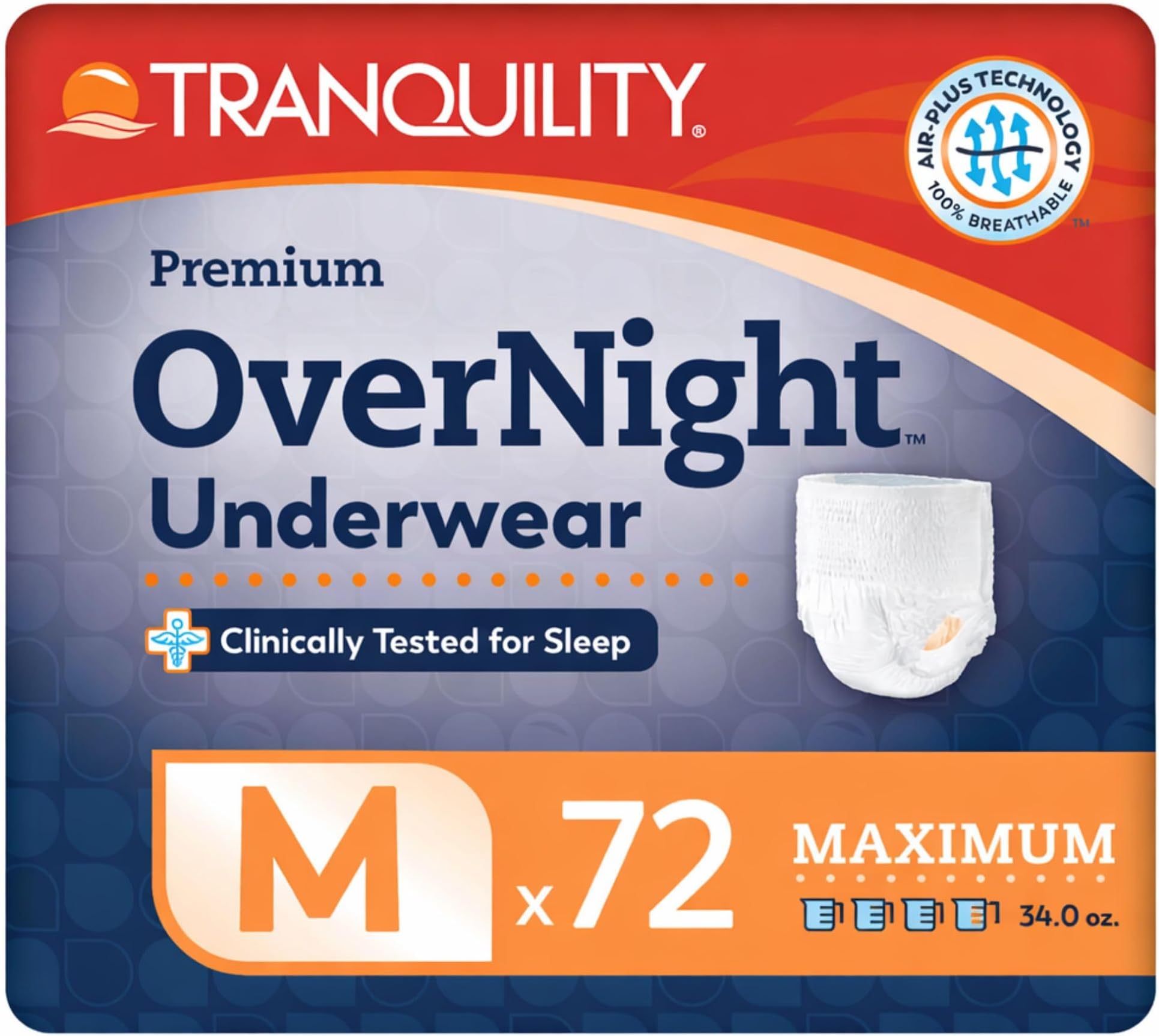 Tranquility Premium OverNight Disposable Absorbent Underwear (72 Count) - M, 34-48 in. Waist - Maximum Absorbency, All-Night Sleep, Breathable Comfort, 72 Adult Diapers