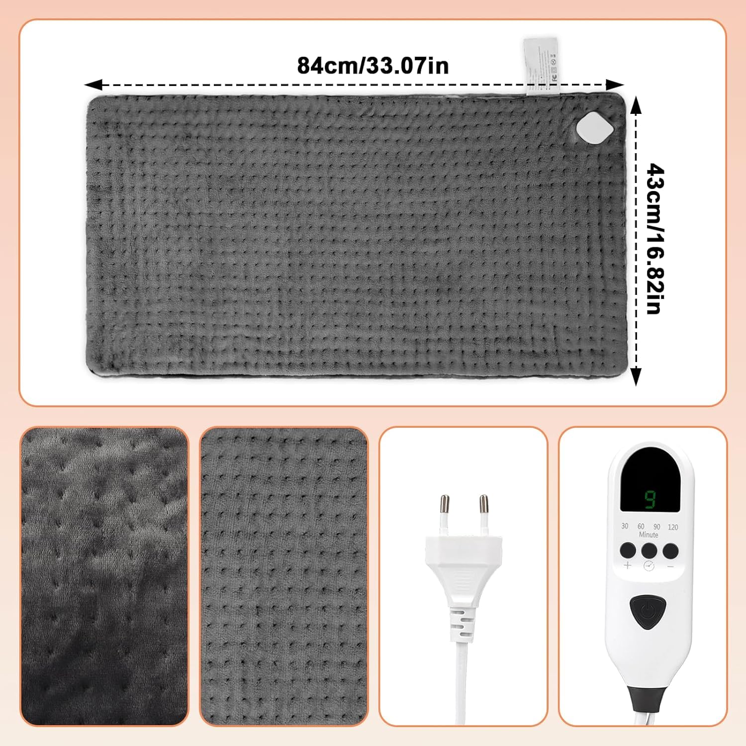 Dechoga Tappetino riscaldante in flanella a doppio strato, regolatore di temperatura a 9 passaggi e 4 timer, lavabile in macchina, morbido e pro-pelle, per collo, spalle (Grigio, 43x84cm)