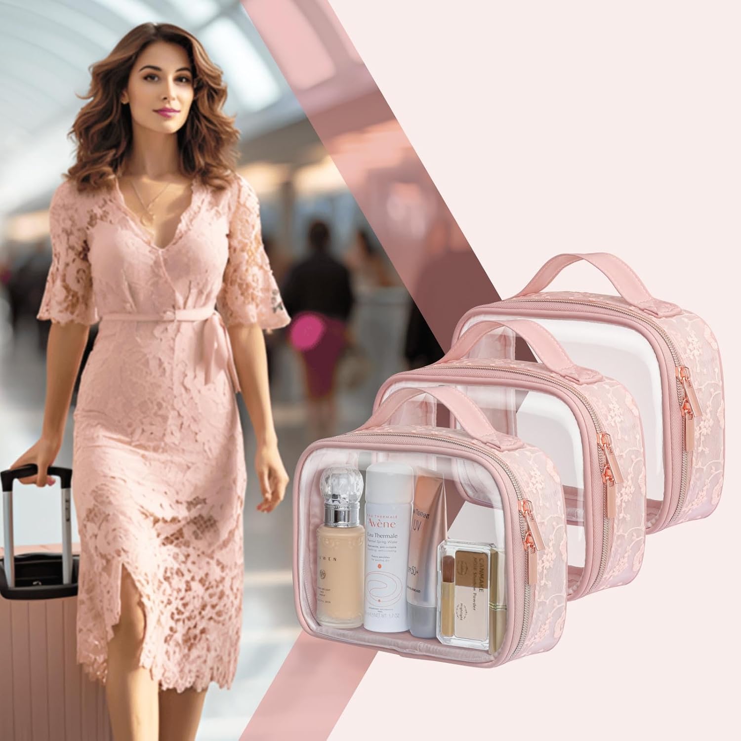 PACKISM Flower Texture Lace Clear Makeup Bags and Travel Pouches