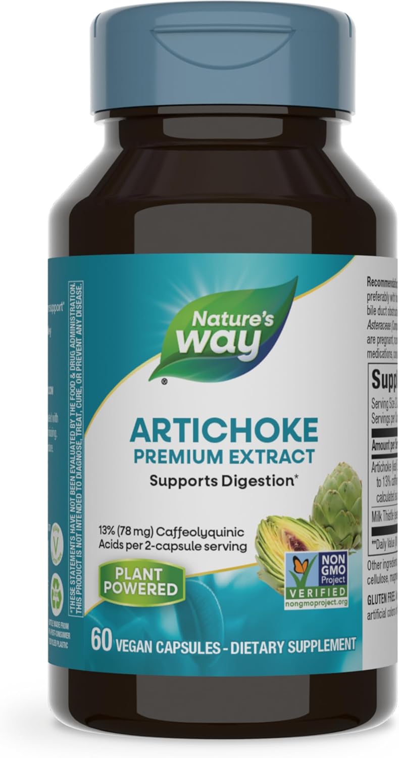 Nature&amp;#39;s Way Artichoke Premium Extract, Supports Digestion, Non-GMO Project Verified, Vegan, Gluten-Free, 60 Capsules Packaging May Vary