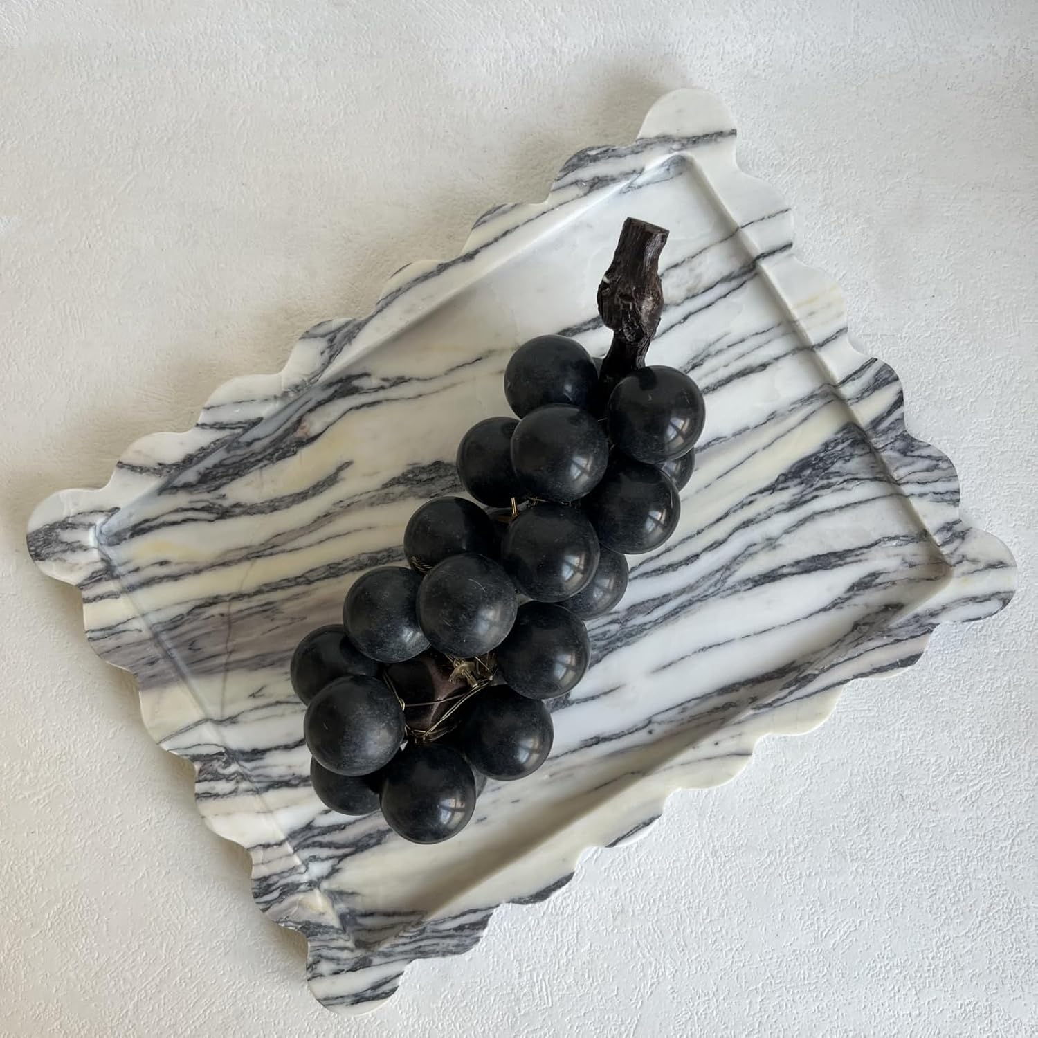 Natural Scalloped Marble Tray 10.8"x8",Decorative Rectangle Tray for Bathroom Kitchen Counter, Dresser (Italy-Calacutta Purple)