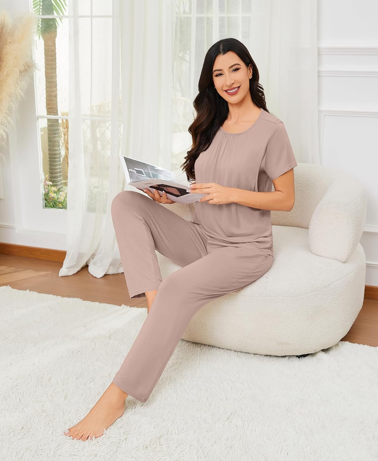 SWOMOG 3PCS Maternity Nursing Nightgown & Pajamas Set Short Sleeve Pjs for Breastfeeding Hospital Pregnancy Lounge Sets - Image 6