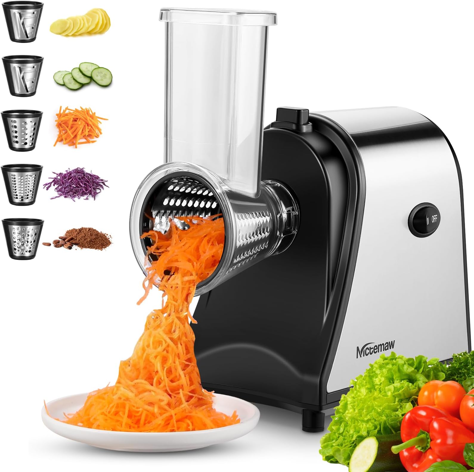 5-in-1 Electric Cheese Grater with 5 Blades – 250W One-Touch Cheese Shredder & Vegetable Slicer for Block Cheese, Fruits, Nuts