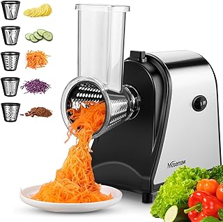 Electric Cheese Grater for Block Cheese, 5 Different Shapes of Blades for Slicing/Shredding/Grating, 250W Automatic Cheese Shredder Vegetable Slicer with One-Touch Control for Fruits, Nuts