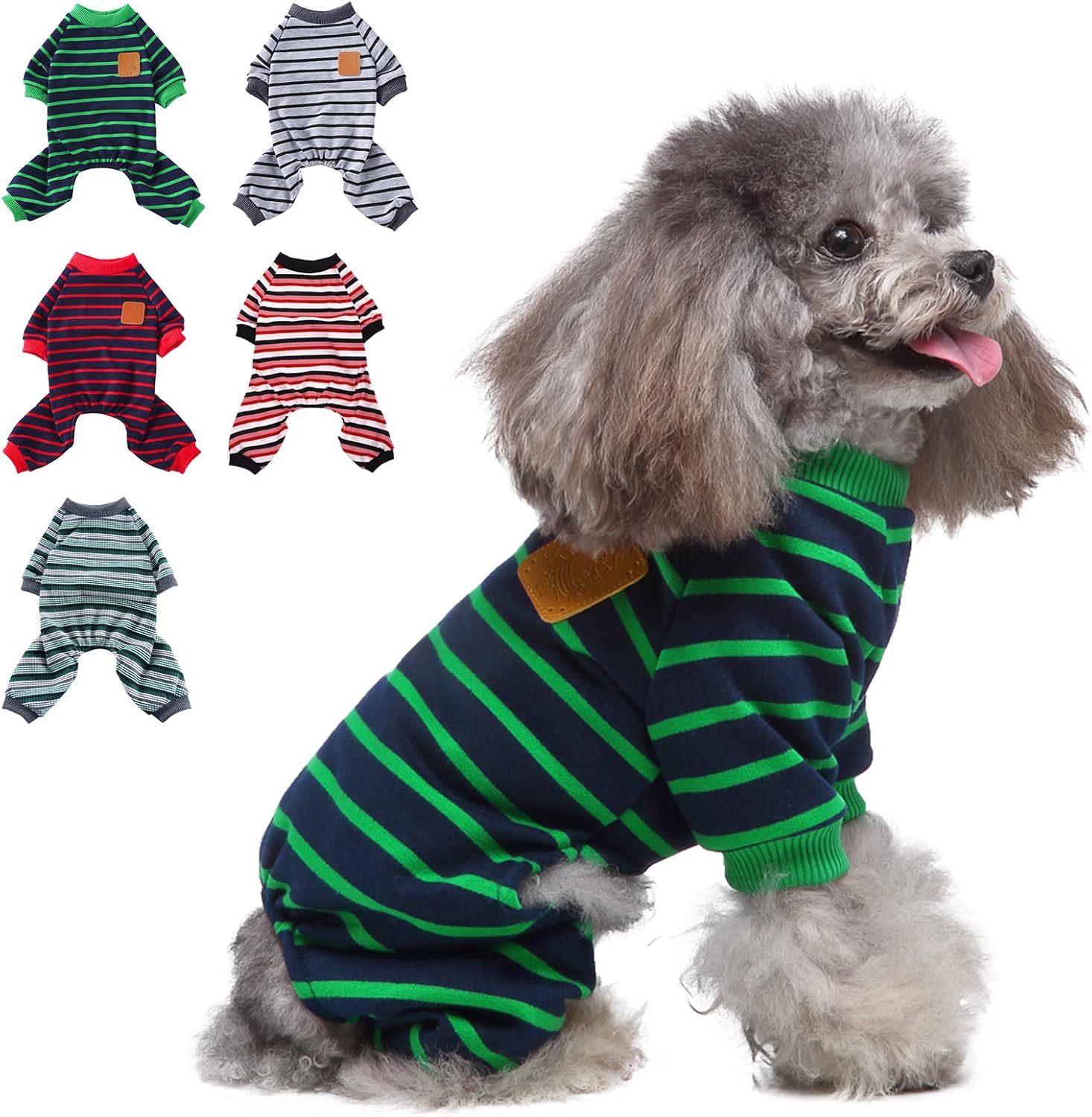 SUNFURA Stripe Dog Pajamas, Soft Cotton Breathable Puppy Jumpsuit Pet Pjs Onesie with 4 Legs, Stretchy Cat Doggie Bodysuits Shirt…
