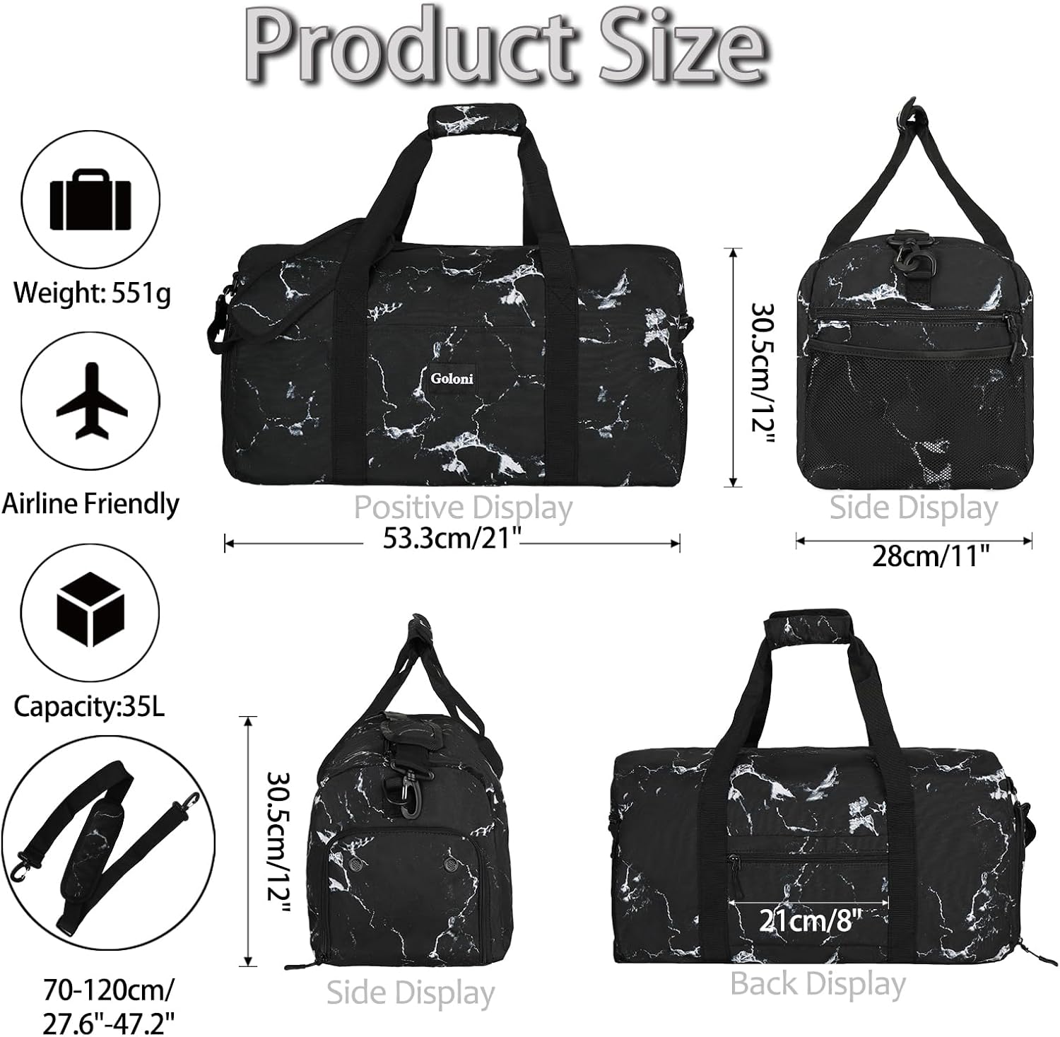 Goloni Cute Duffle Bag for Women, Gym Bag with Shoe Compartment, Lightweight Weekend Travel Duffel Bag,Overnight Bag with Wet Pocket Black Marble image 5 of 6 B0CRTVX9T4