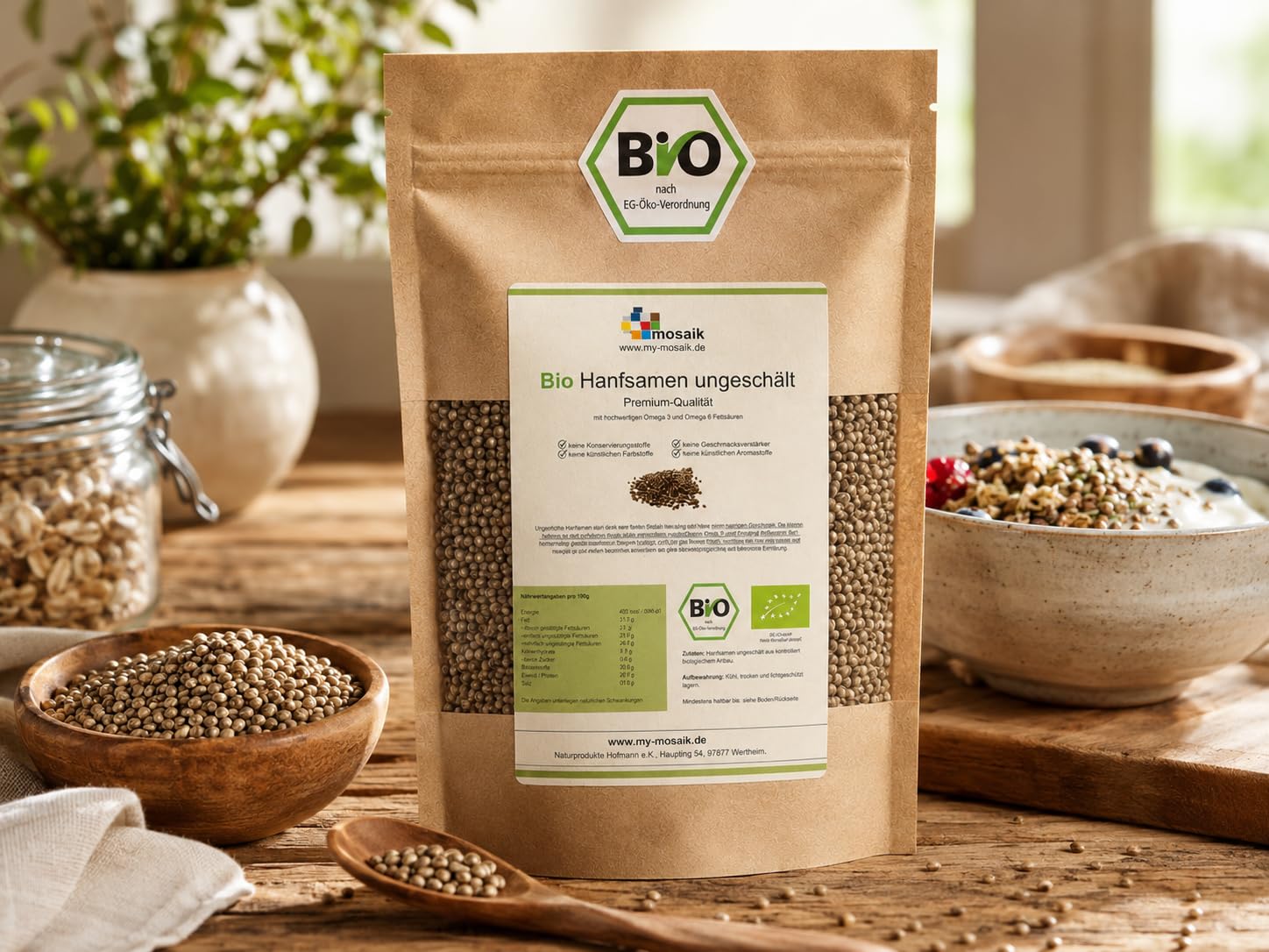 my-mosaik Bio Hanfsamen ungeschält aus kontrolliert biologischem Anbau - nährstoffreich und vegan, essentielle ungesättigte Omega-3- und Omega-6-Fettsäuren (5x 1000g)