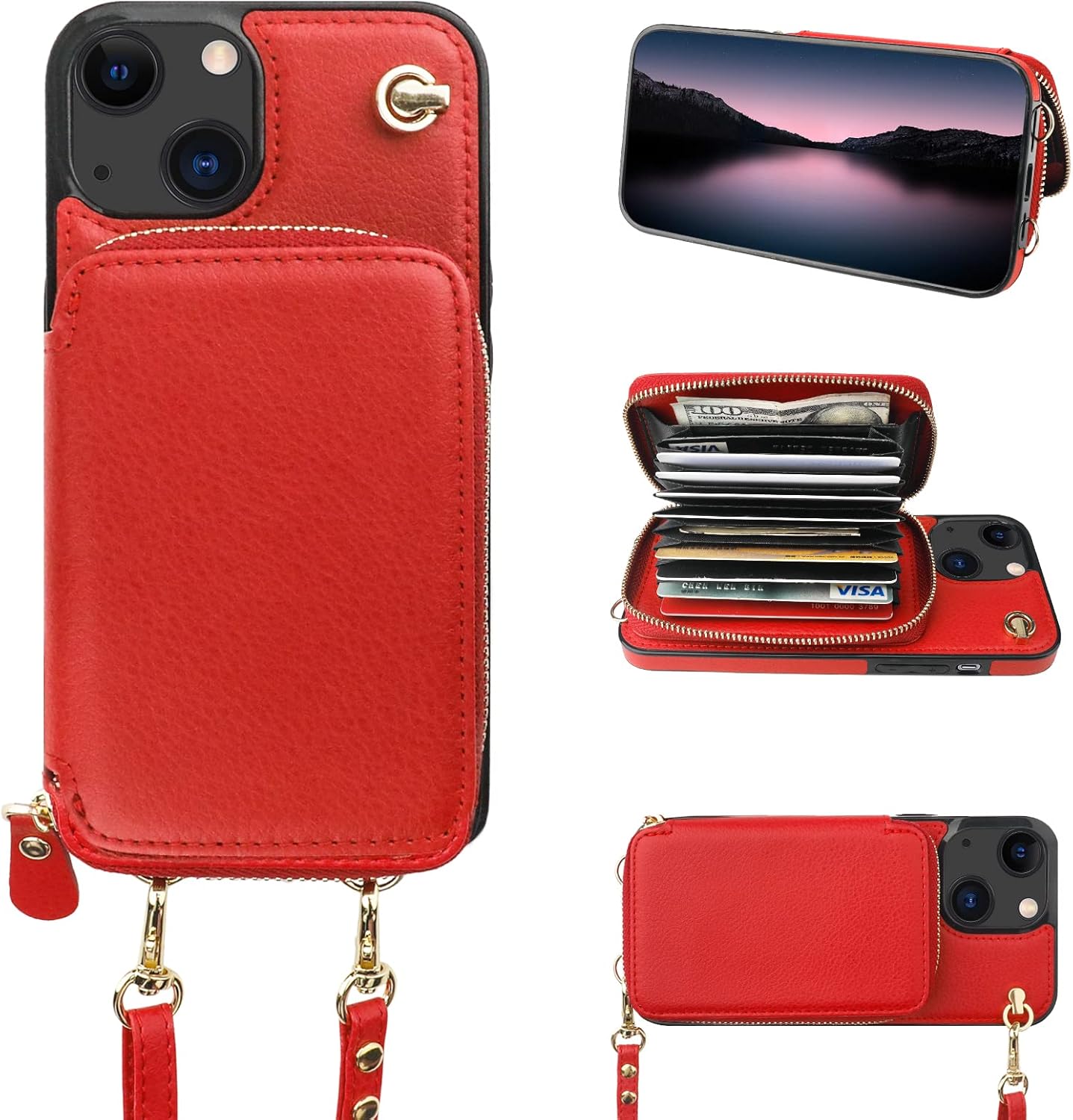 Bocasal Crossbody Wallet Case for iPhone 14 iPhone 13, RFID Blocking Leather Purse Case with Card Holder, Protective Handbag Flip Cover with Zipper Wrist Strap Lanyard for Women 5G 6.1 Inch (Red)