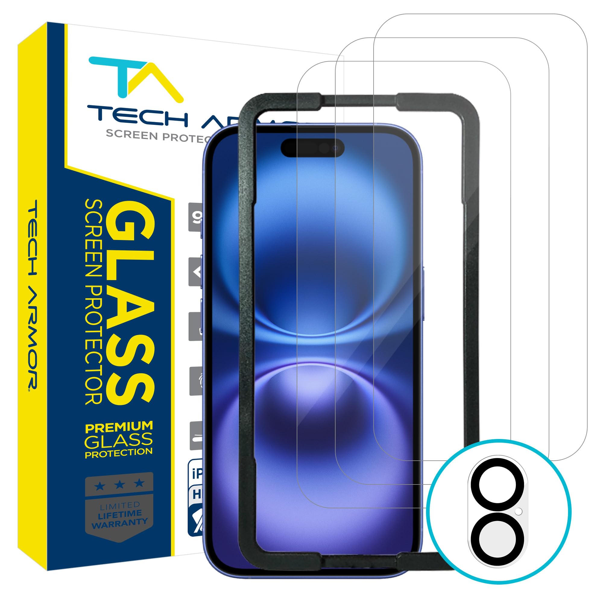 Tech Armor for iPhone 16 Screen Protector Glass 6.1 inch - Ballistic Tempered, Case Friendly, Sensor Protection, HD, 9H Hardness, 3 Pack + Bonus Camera Lens Protector