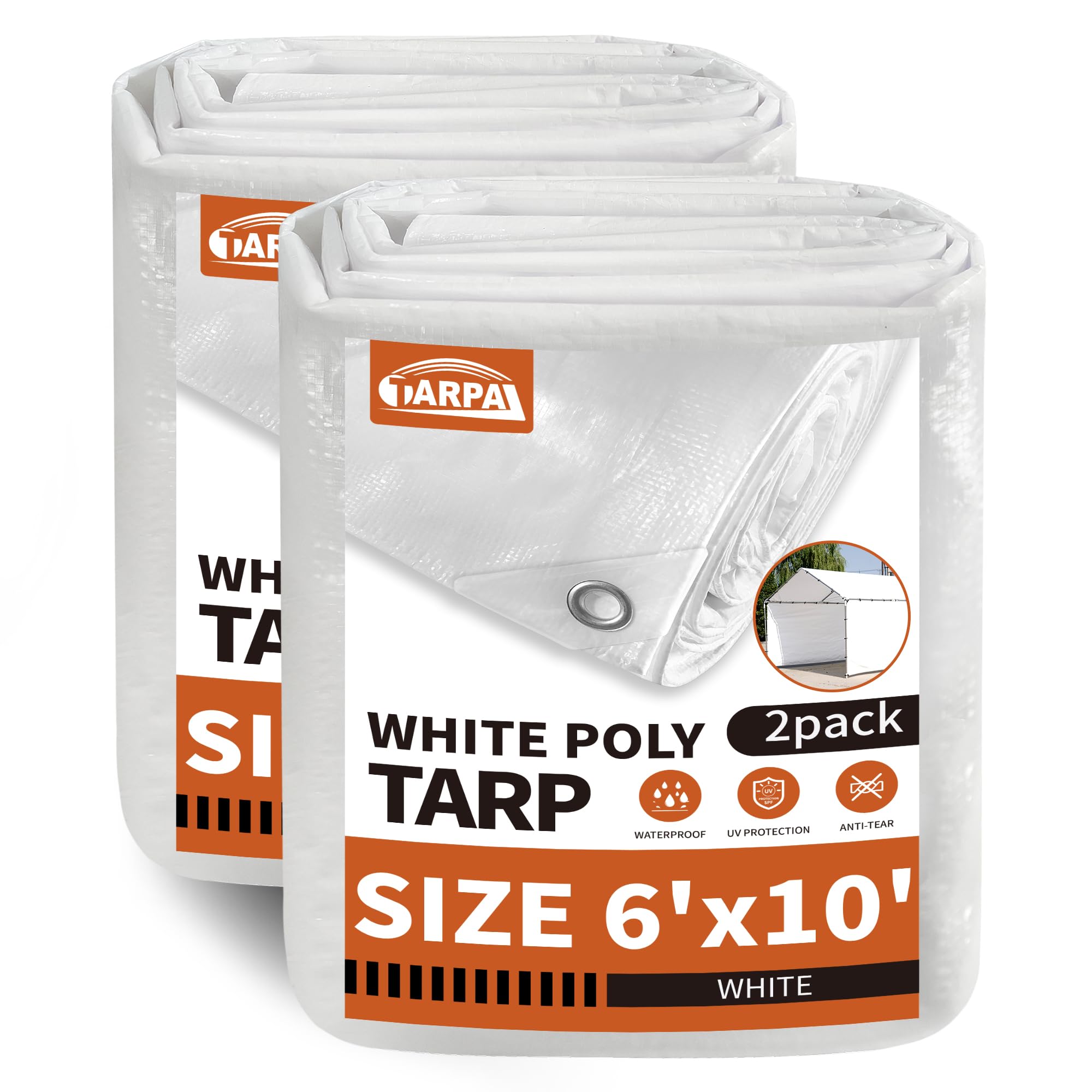 TARPAL Tarp 6'x 10' White Tarp Waterproof 7.5 mil(2-Pack) Medium