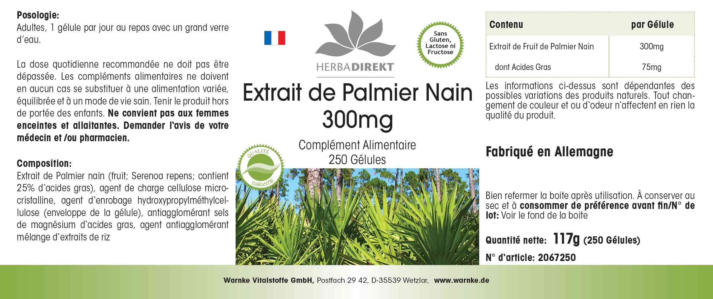 Extrait de palmier nain 300mg - avec bêta-sitostérol - grand emballage - 250 gélules | Herba Direkt - Qualité des pharmacies allemandes