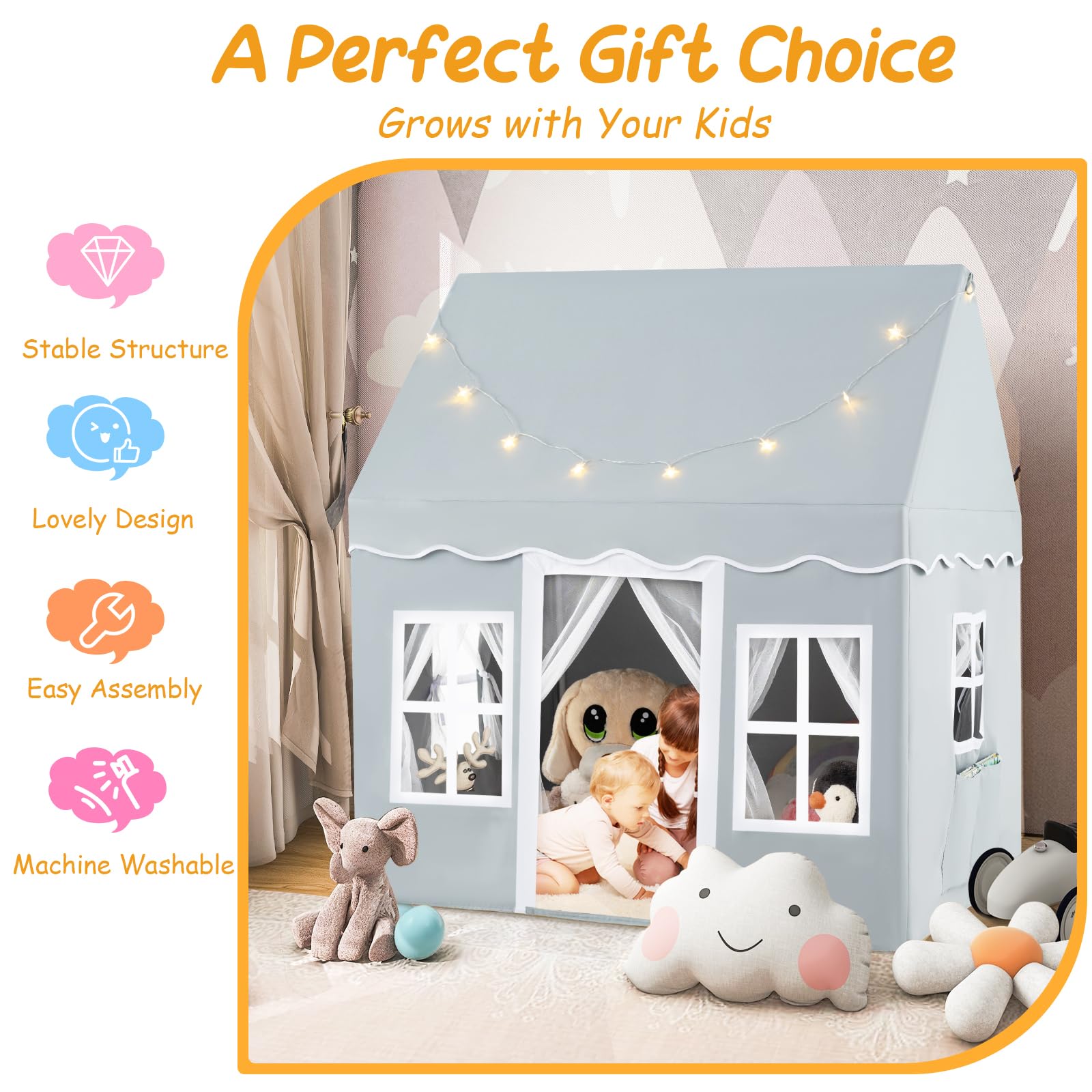 HOMASIS Kinderzelt Baumwolle, Kinder Spielhaus mit Sternenlichtern, Tragetasche & Vorhang, Spielzelt Prinzessin für Jungen & Mädchen, Indoor Kinderspielzelt Kinderspielhaus (Grey, ohne Matte)