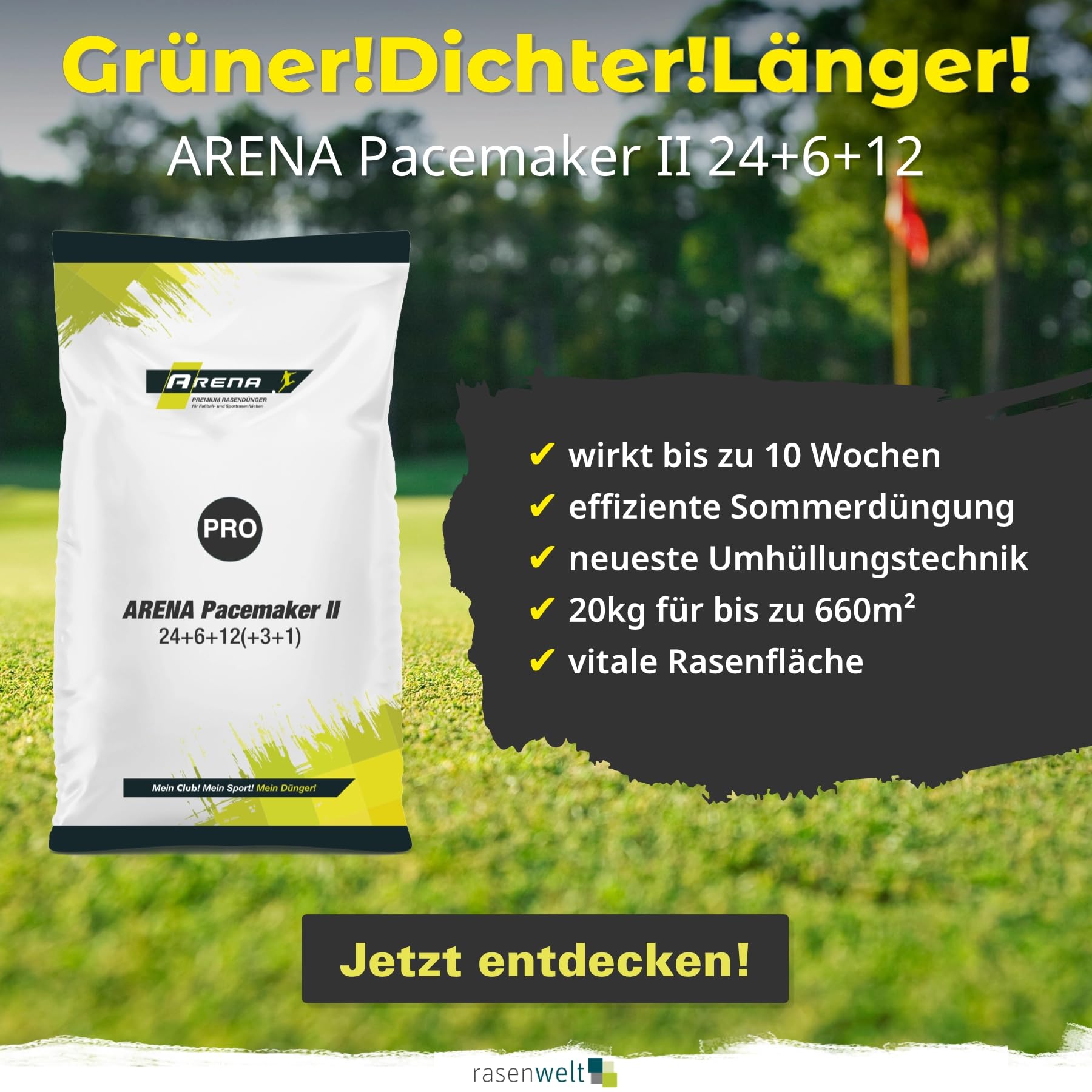 ARENA Rasen Sommerdünger Pacemaker II 20kg I Langzeit Rasendünger im Sommer I 10 Wochen Langzeitwirkung I 24+6+12(+3+1)
