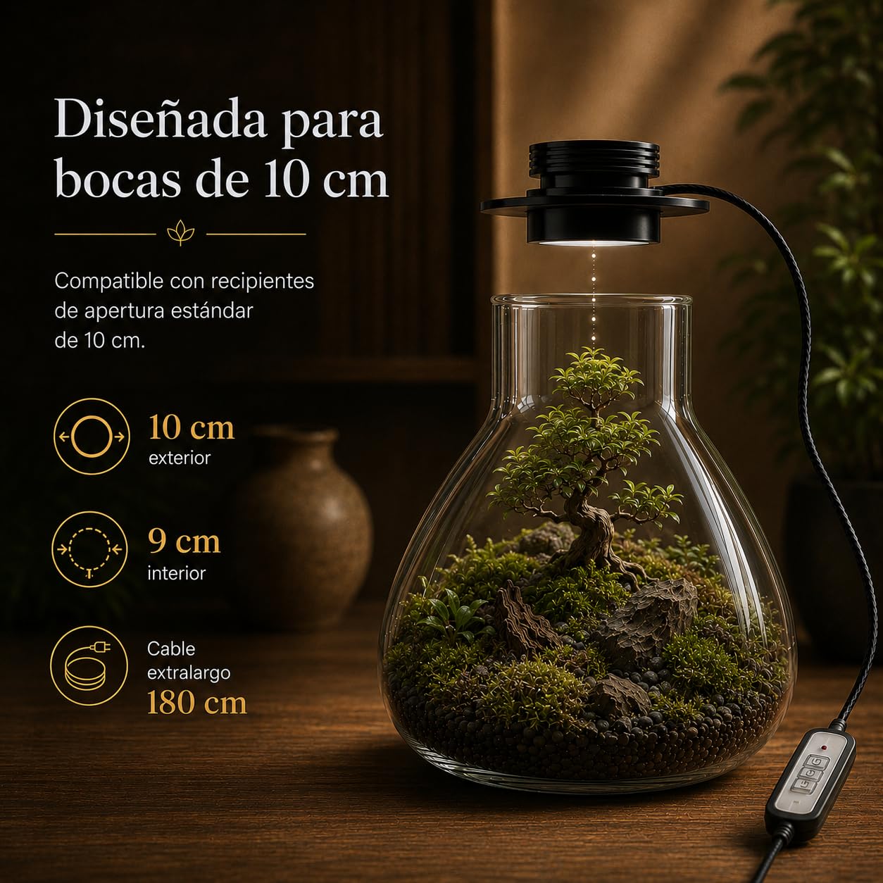 Tapa Smart LED para Terrario 10cm con Ventilación Regulable | Tapa metálica negra con USB, temporizador e intensidad ajustable para terrarios y jardines eternos