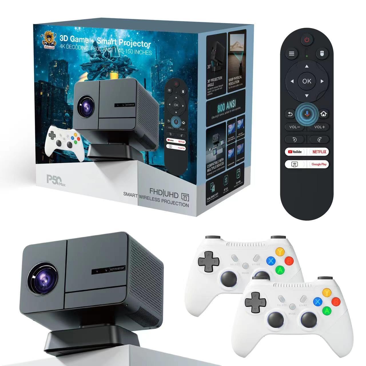 P50 Projector and Game, 4K Retro Smart Projector 1280x1080P 35000 Games Built-In Portable Video Game with 2 Wireless Controllers, WiFi 5G, Bluetooth, HDMI, Android 12, Home Theater