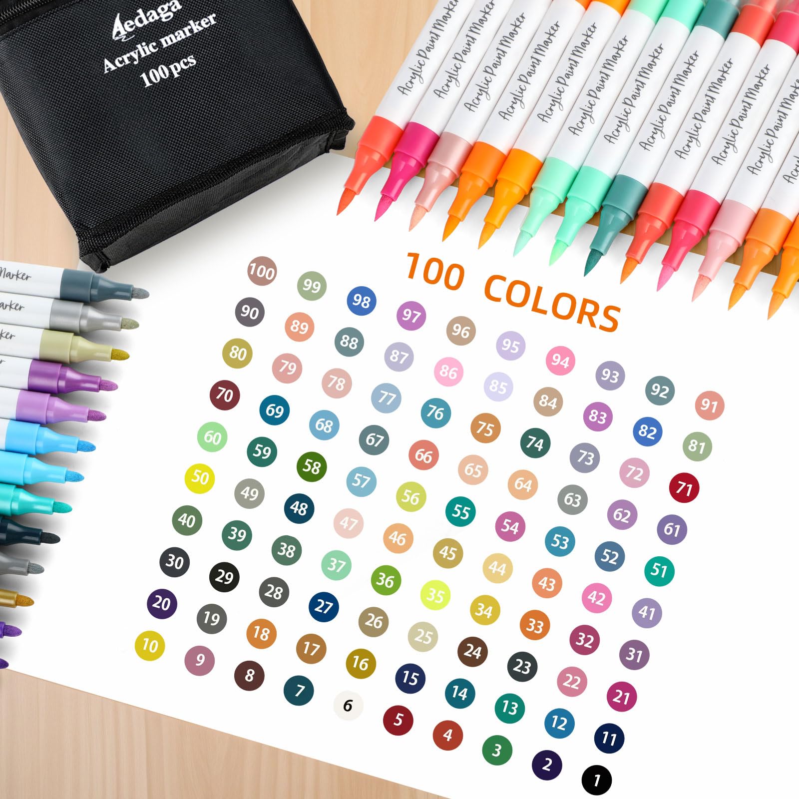 Aedaga - Set di 100 pennarelli acrilici numerati con app | Doppia punta, versatile, impermeabile, forte copertura, set di pennarelli acrilici per uova, legno, pietra, tela