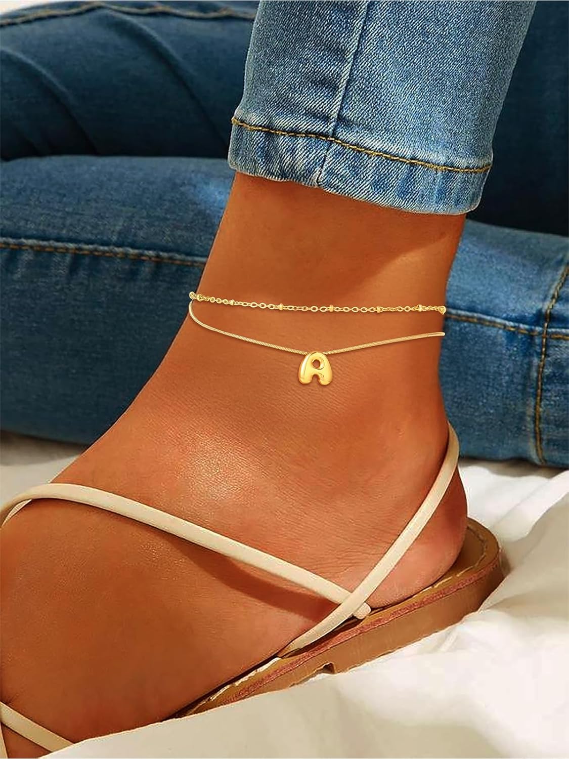 FOCALOOK Initial Anklet Bracelet for Women, 14K Gold Plated Anklets Layer Letter Ankle Chain Non Tarnish, 8.5"+2" Adjustable Large Ankle Summer Beach Foot Jewelry - Image 6