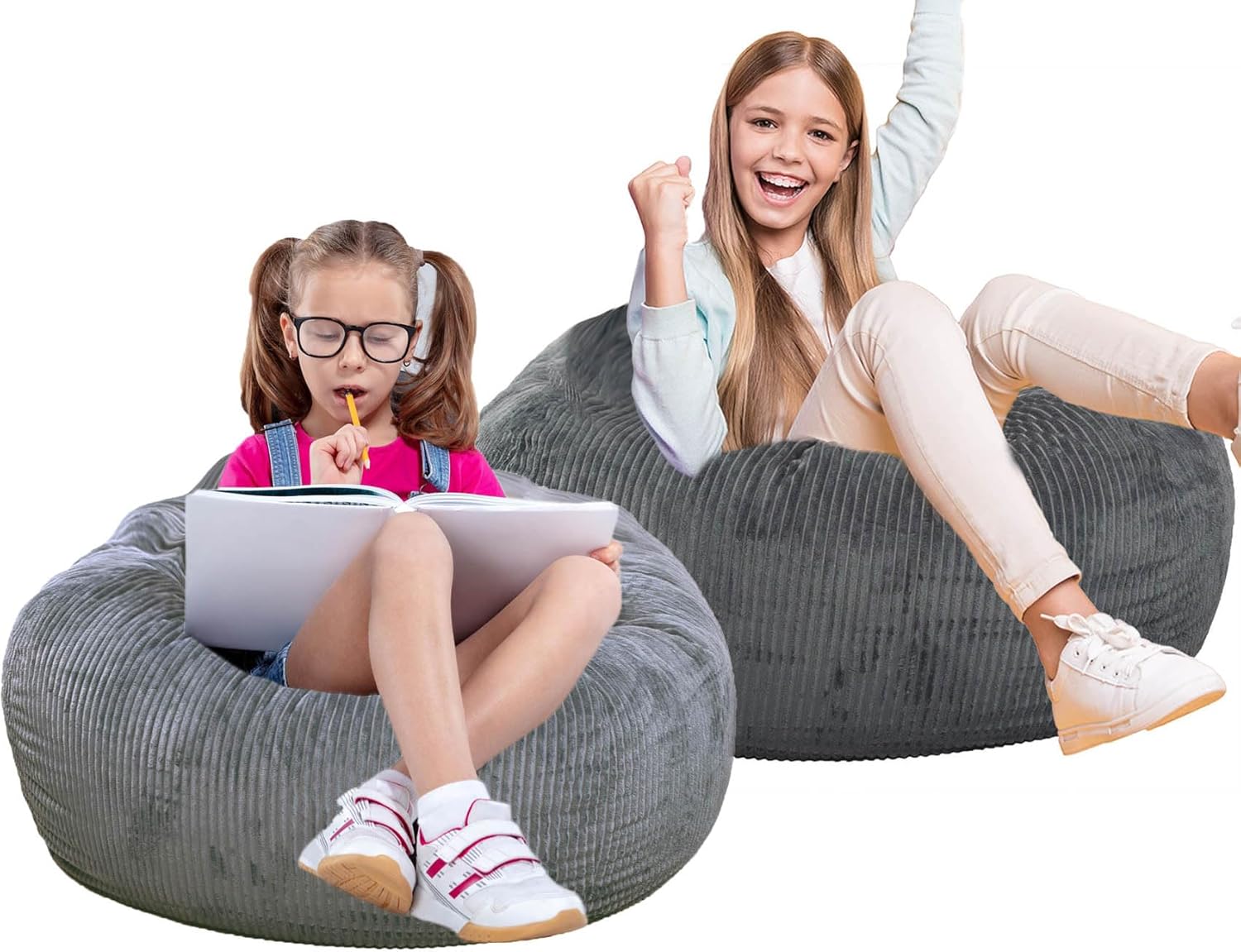 2 Pcs Classic Bean Bag Chair, with Faux Rabbit Fur Cover for Teens and Kids, Memory Foam Bean Bag Chairs, Ultra Soft Faux Fur Fabric, 2.5 feet Round Fluffy Bean Bag Sofa