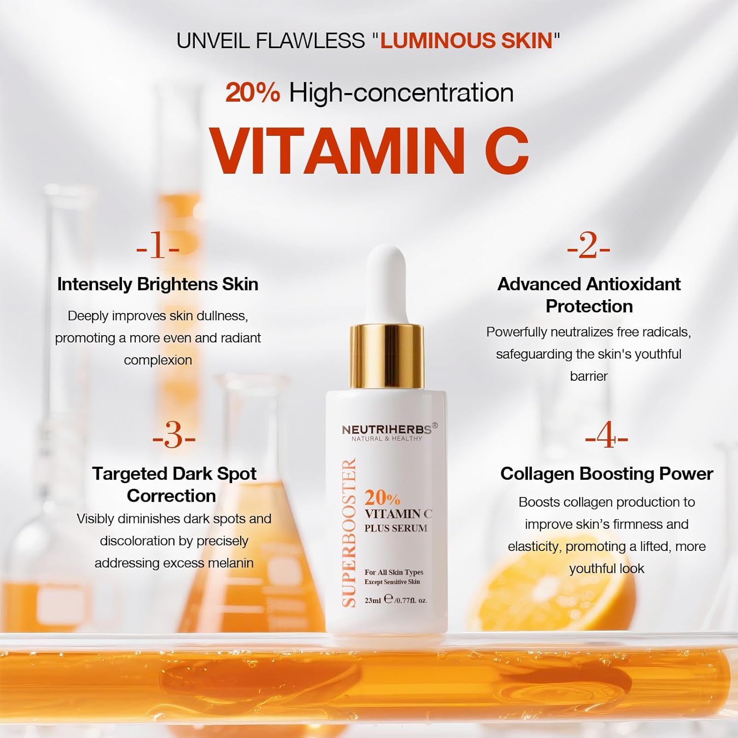 NEUTRIHERBS Advanced 20% Vitamin C Serum for Face, Renew Glow Brightening & Anti-Aging, Antioxidant Even Skin Tone Boost Collagen, All Nature Serum for Women And Men- 0.77 Fl Oz - Image 8