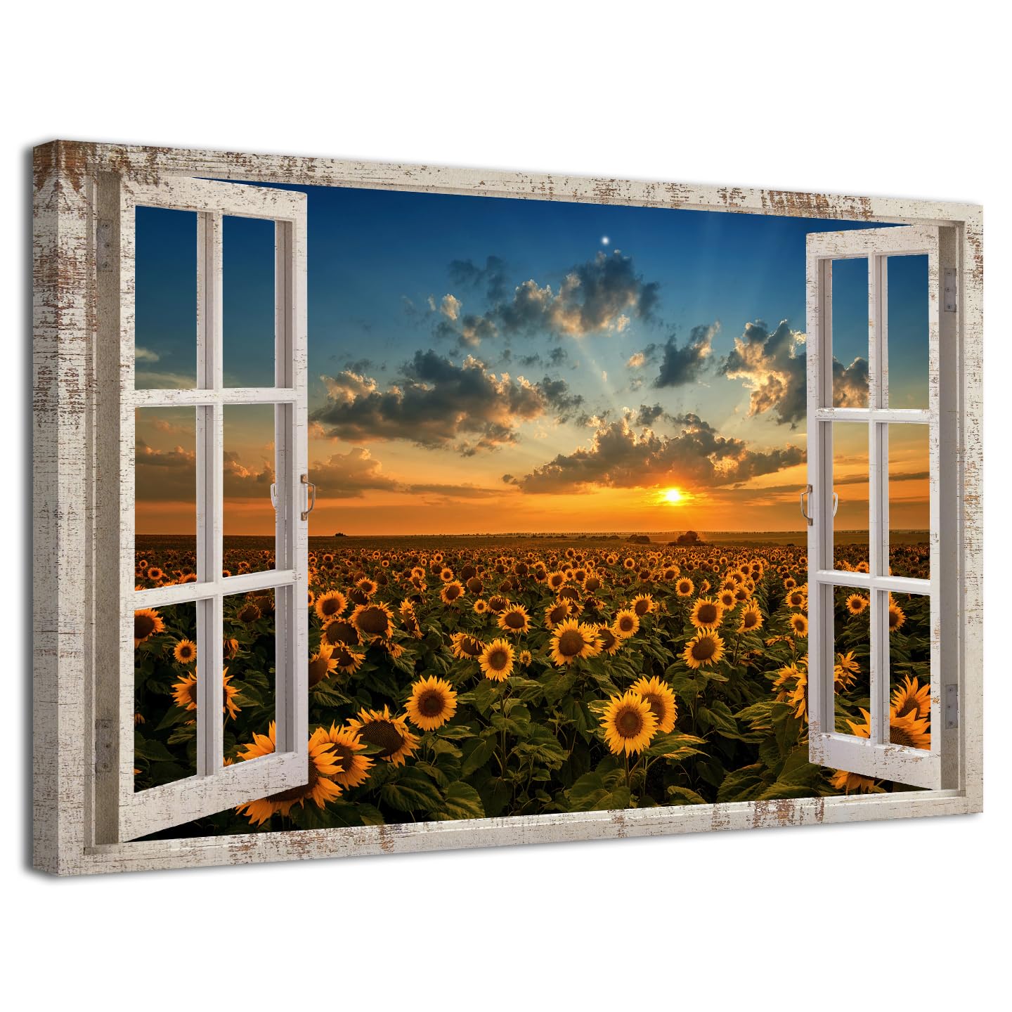 Sunflower Fake Window View Canvas Print Wall Art Sunset Country Field Yellow Flowers Scenery Picture Decor Nature Photography Scenic Landscape Artwork Decoration for Living Room Bedroom Office 60x90cm