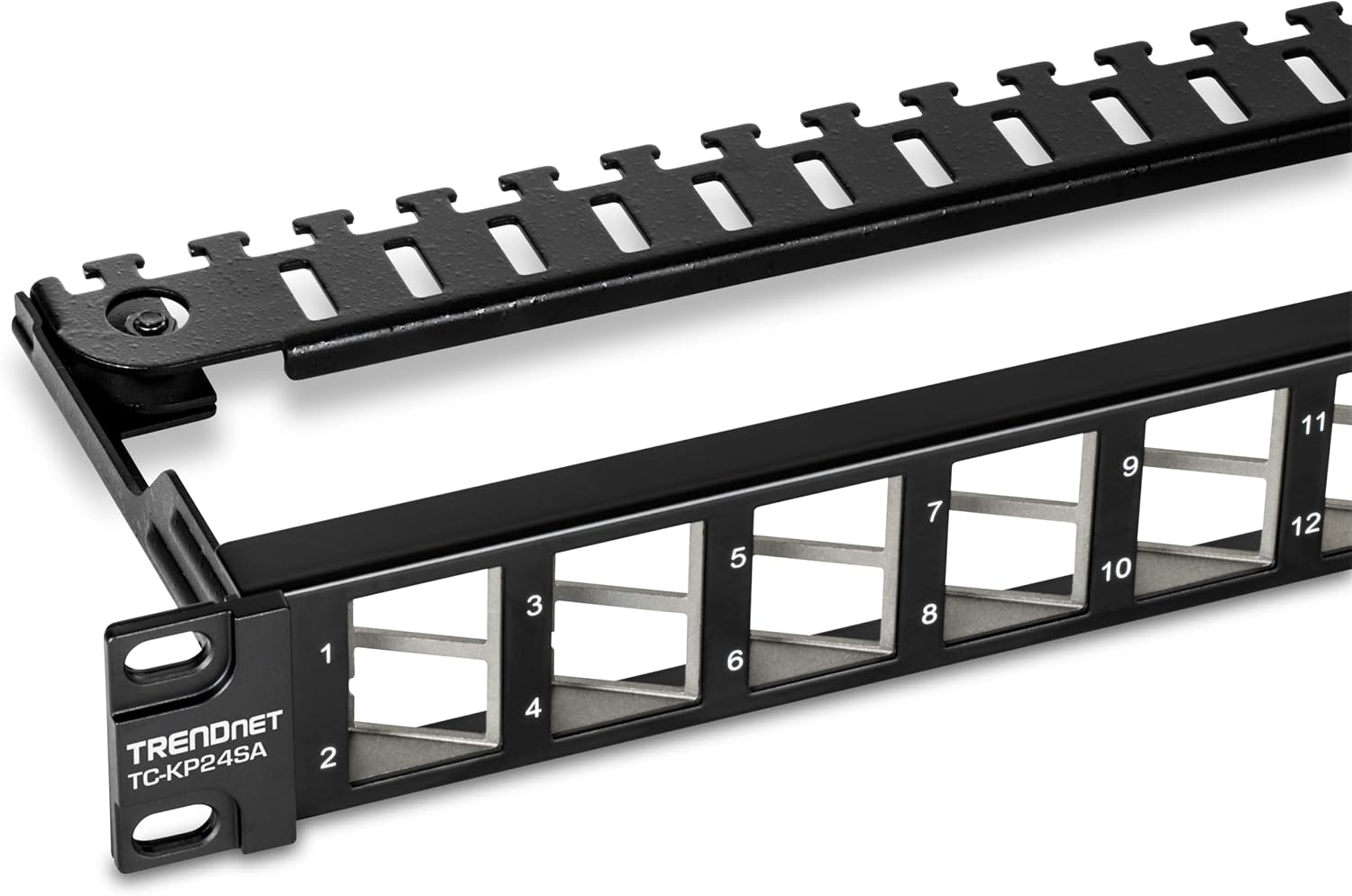 TRENDnet 24-Port Blank Angled Keystone Shielded 1U Patch Panel, TC-KP24SA, STP, Cat6A, Cat5, Cat5e, Cat6, 19” Rackmount Design, Black