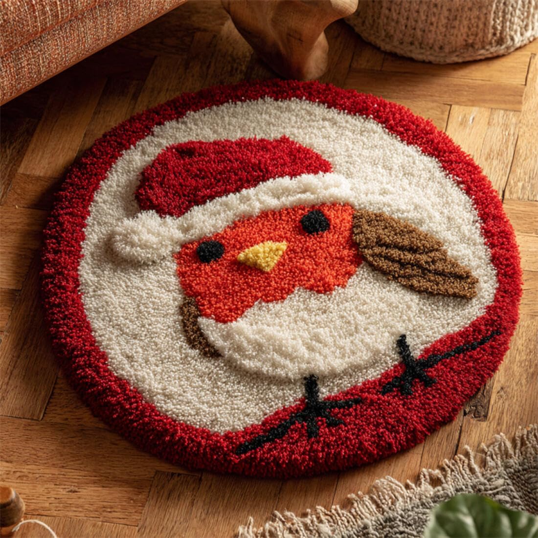 Rqwybcaxn DIY Latch Hook Rug Kit for Beginners Animal Crochet Starter Kit ‌Cartoon Robin 60x60cm Round Tapestry with Crochet Hook Bedroom Craft Gift