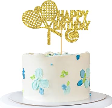 Tennis Happy Birthday Cake Topper - Sport Theme Player Birthday Cake Supplies - Tennis Enthusiast Bday Party Decorations - Gold Glitter