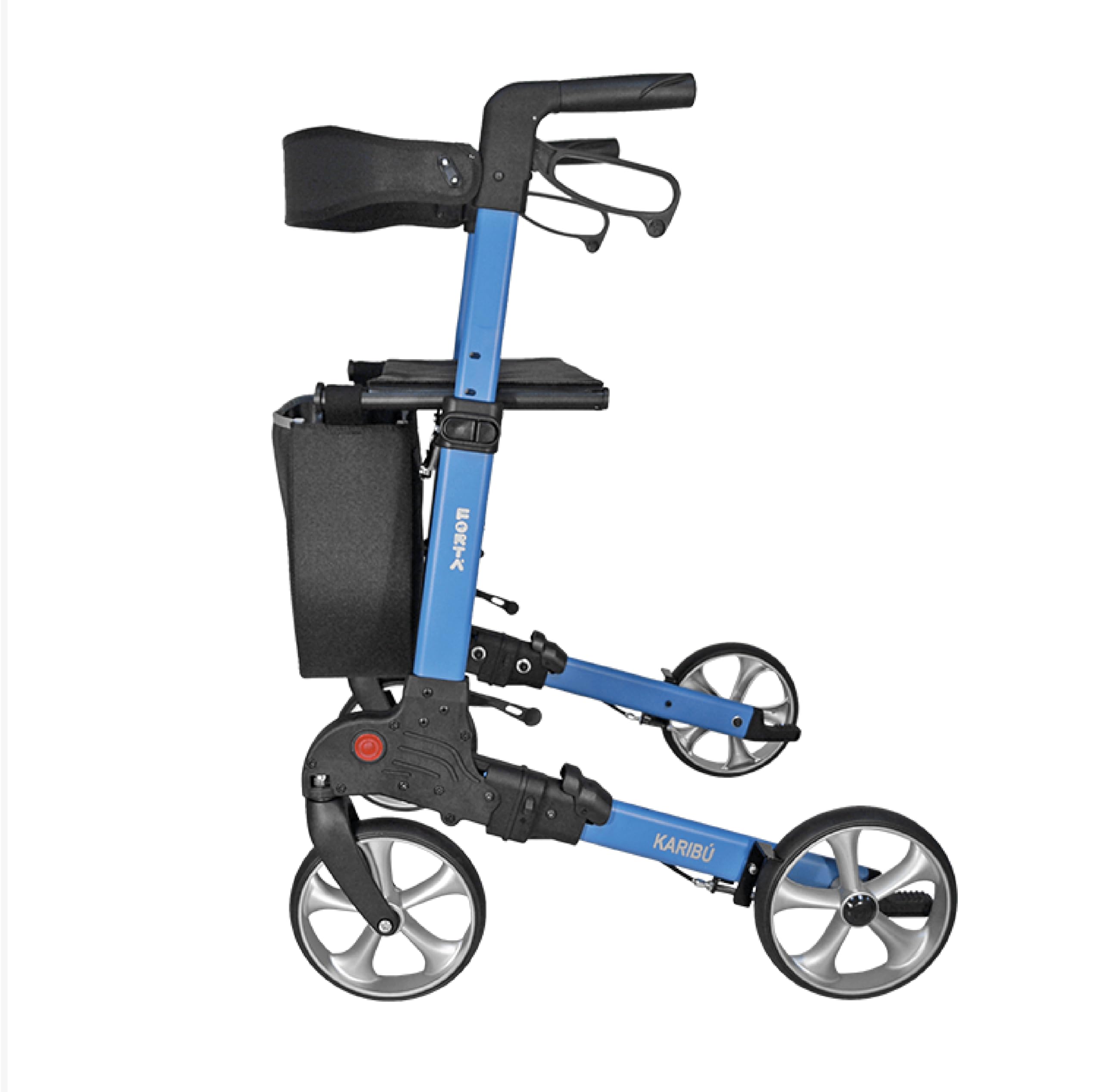 Forta - Andador Rollator Karibú, Andador para Ancianos, con Asiento y Cesta de tela, Freno de maneta, Andador Plegable, Peso máximo 130 kg, Talla L, Azul