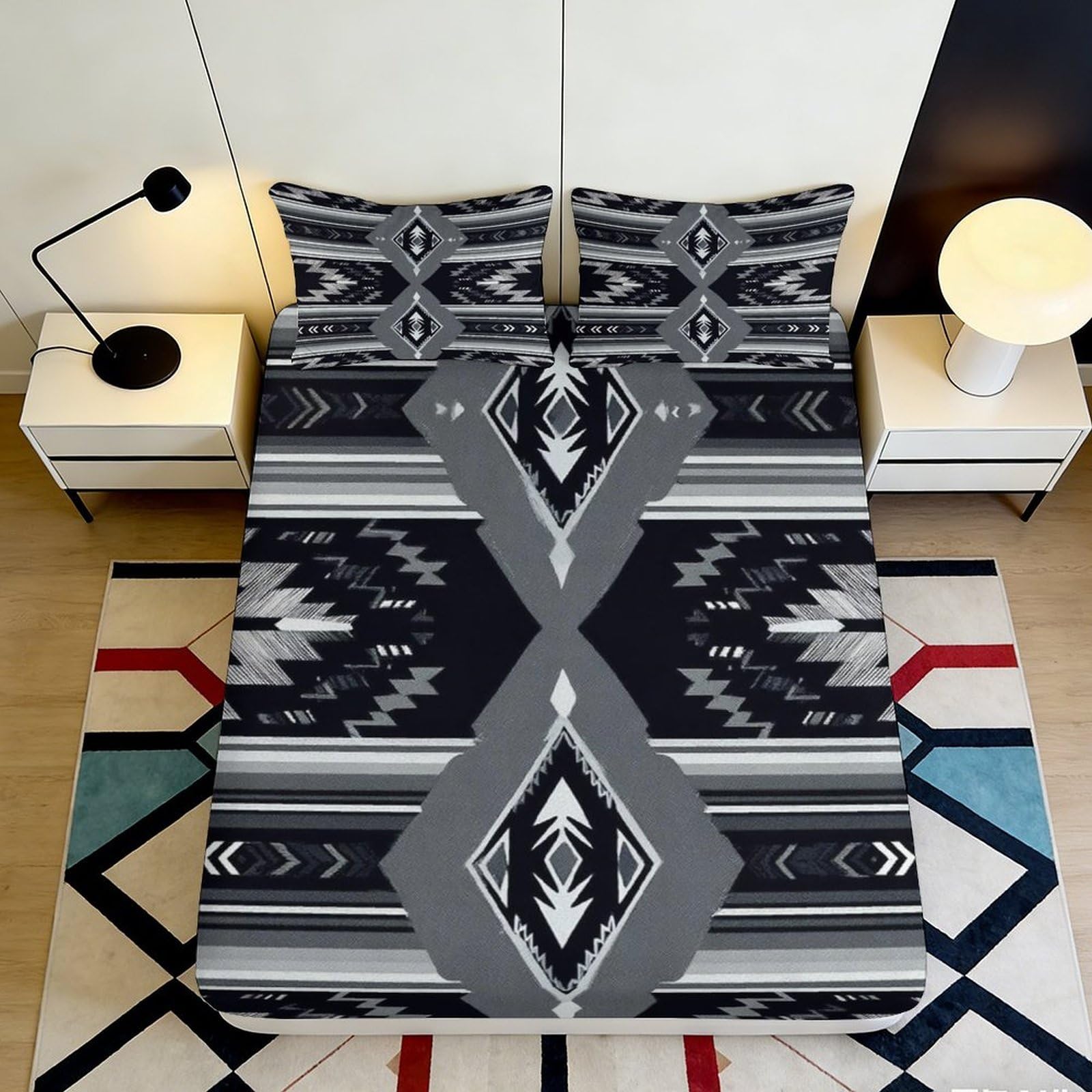 Pnayamiorkfel Style-7 3D Printed Geometric Tribal Fitted Sheet Microfiber Black Grey Aztec Mattress Cover Bedroom Home Decor 90X200x25cm