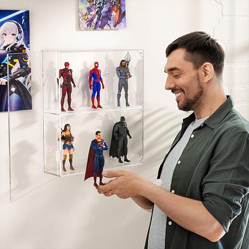 Miniatura 6 de AITEE Vitrina de acrílico, vitrina transparente para figuras Funko Pop, 2 capas montadas en la pared o escritorio a prueba de polvo estante para