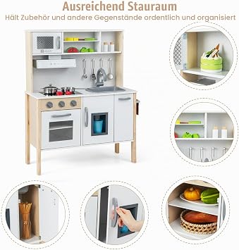 HOMASIS Play Kitchen with 18 Accessories Children's Wooden Kitchen Toy Kitchen with Sink Stove Oven Microwave Ice Maker Wooden Kitchen Children's Play Kitchen Corner Kitchen for Children from 3 Years (White)