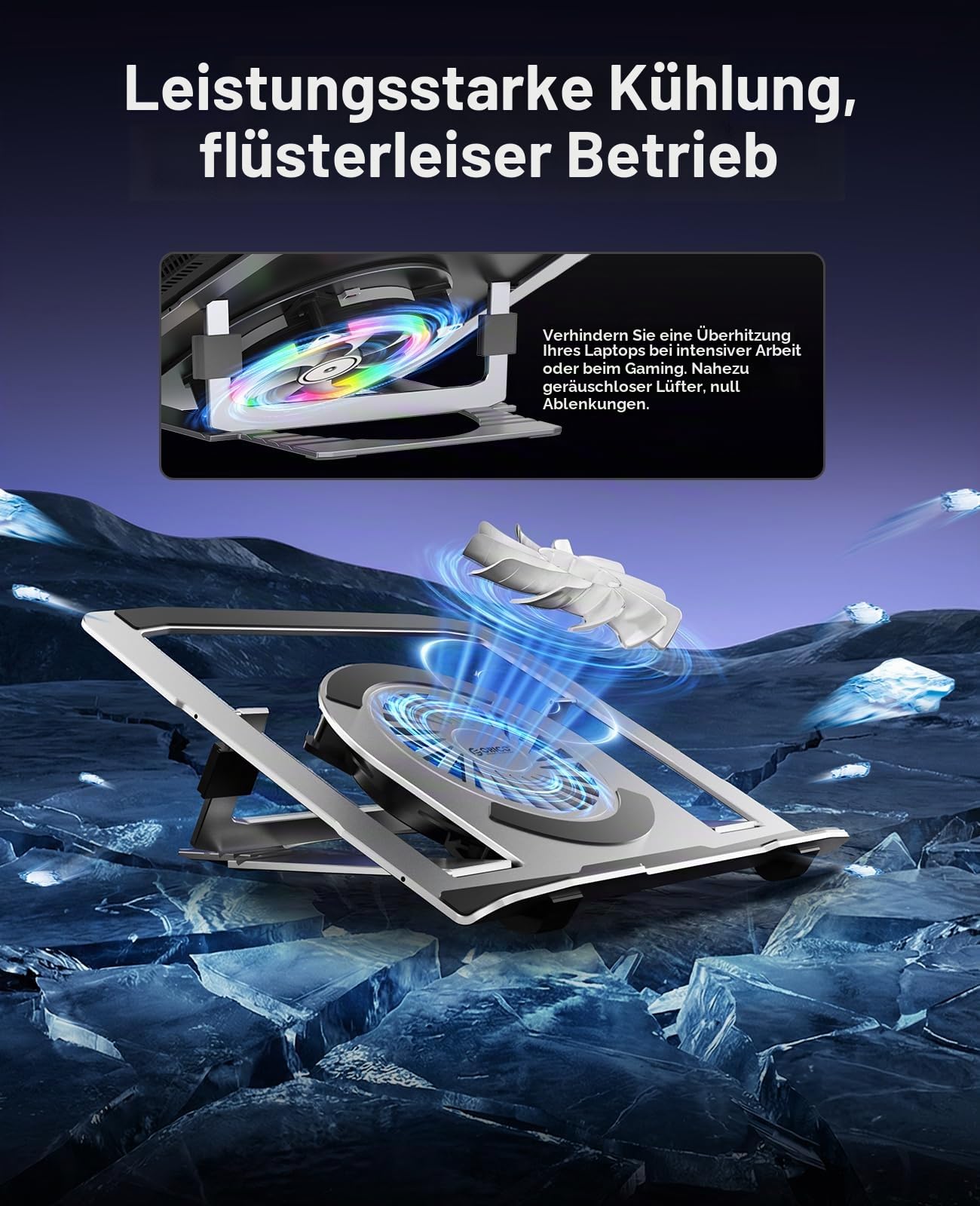ORICO Laptop Ständer aus Aluminium mit USB-Lüfter, Ergonomisch, Höhenverstellbar und Klappbar für Laptops bis 17 Zoll, RGB – NSF1, Silber