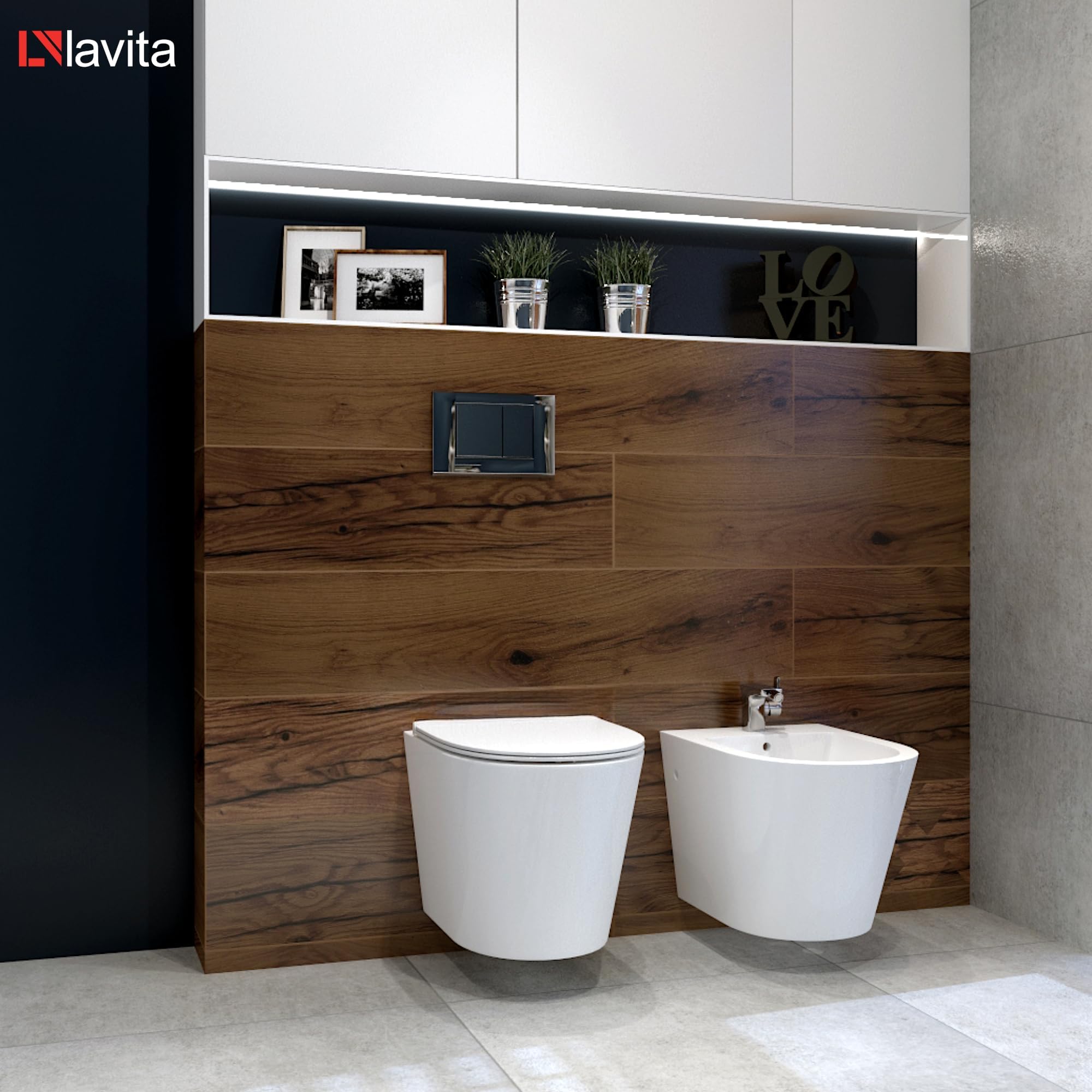 Lavita Duofix Basic Vorwandelement + Wand Tiefspül WC Galve Weiß Spülrandlos + WC Sitz + Bedienplatte Delta 25 Schwarzer Knopf Komplettset Unterputz Spülkasten Toilette Komplett Sett WC