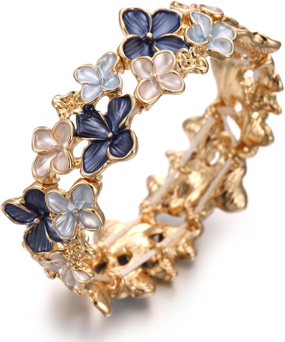 LUREME Gold Sakura Floral Bracelet for Women - Colorful Enamel Flower Stretch Bangle, Adjustable Elastic Cuff (bl003608)