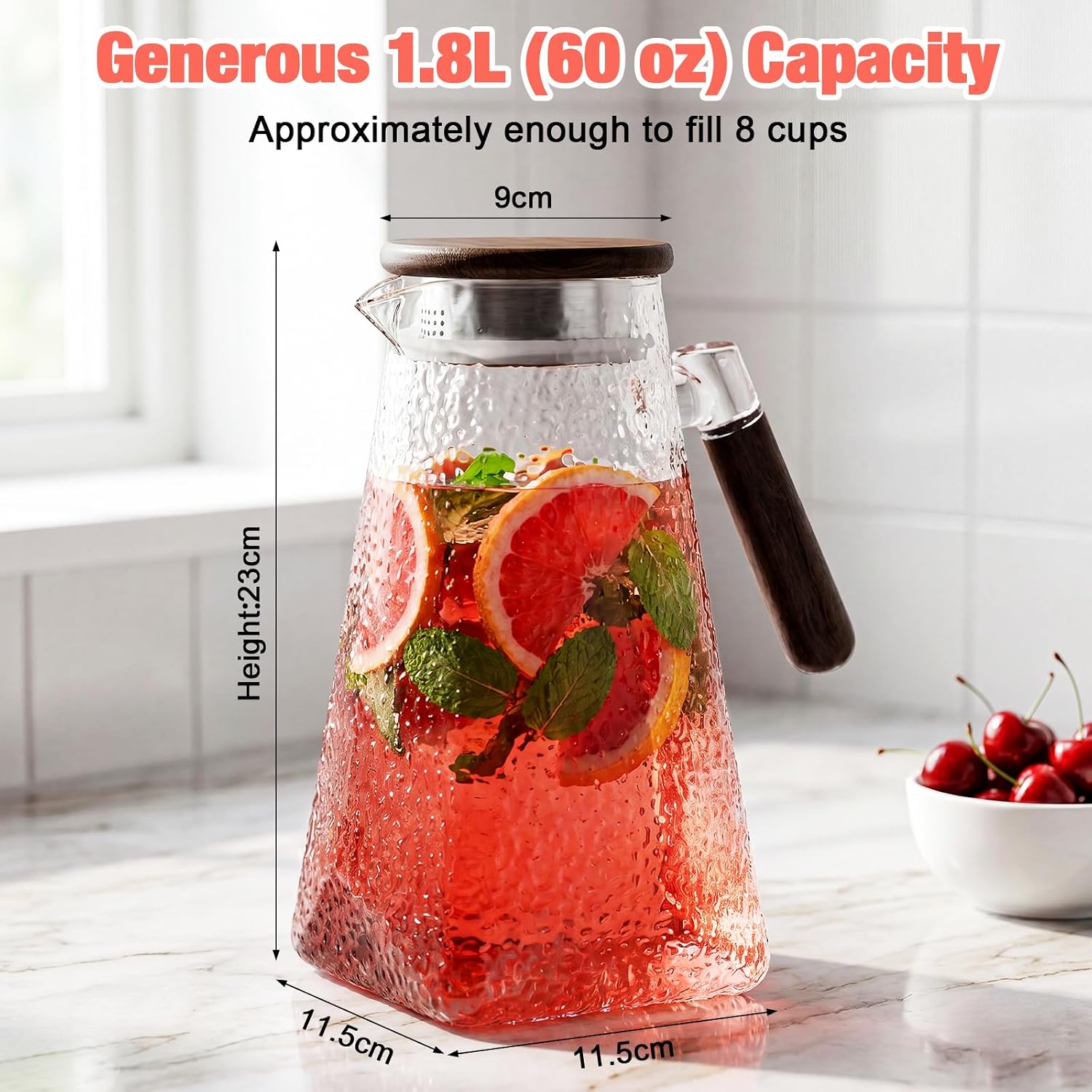 60 oz 1.8l Glass Pitcher with Lid, Borosilicate Glass Carafe with Solid Walnut Handle, Spout, Heat-resistant Beverage Jug for Iced Tea, Lemonade, Cold Brew, Fridge Safe(Hammered Texture)