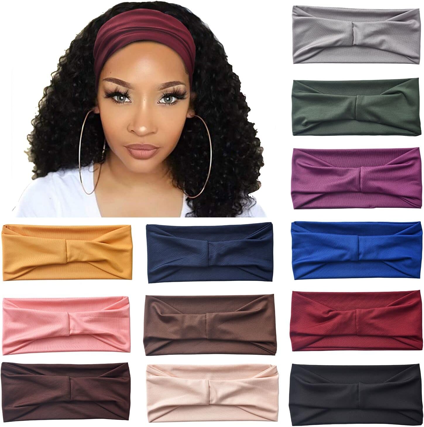 12 Pack Wide Headbands for Women No slip Stretchy Boho Hair Bands, Soft Elastic Yoga Workout Running Thick Wicking Sweat Bands Solid colors Head Wrap
