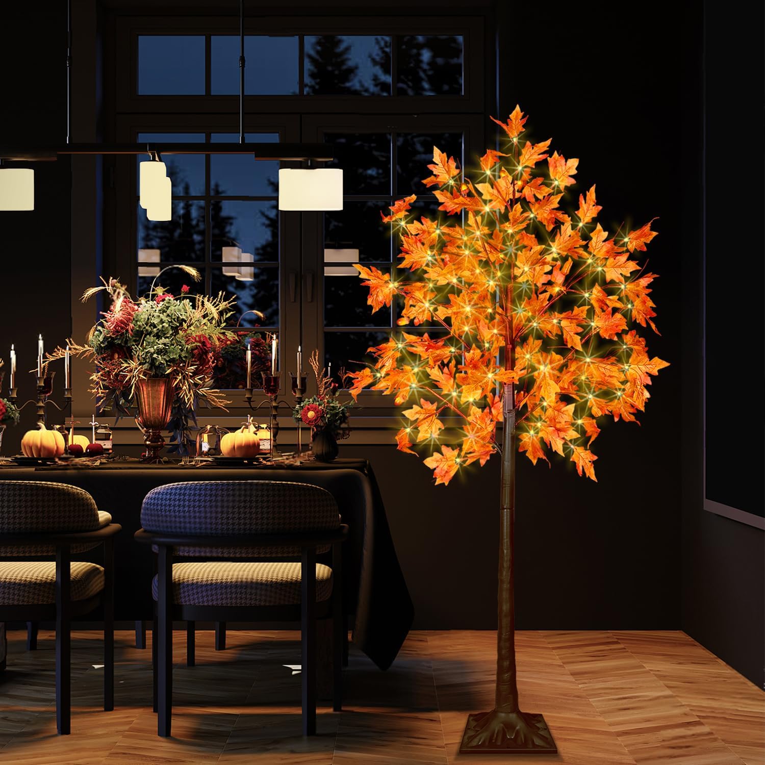 5FT LED Lighted Maple Tree, Fall Tree with LED Lights, LED Maple Tree for Fall&Thanksgiving Decor, Prelit Maple Tree with Timer for Home Decor.