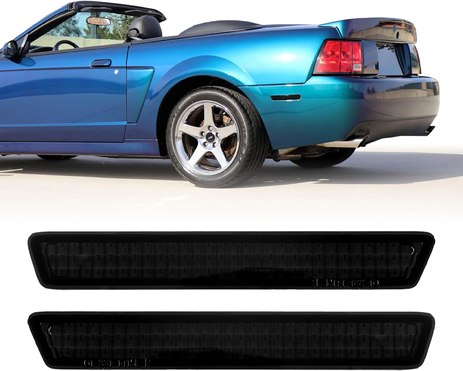 USR UNIQUE STYLE RACING Smoke Lens Rear Bumper Reflector Lamps Set (Left + Right) Compatible with 1999-2004 Ford Mustang All Models Including V6 GT Cobra SVT (Smoked Side Markers)