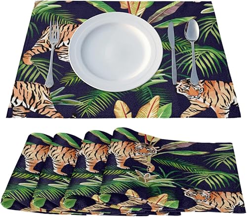 Miniatura 2 de Juego de 4 manteles individuales de hojas de tigre, lavables, impermeables, para decoración de mesa de comedor, 18 x 12 pulgadas
