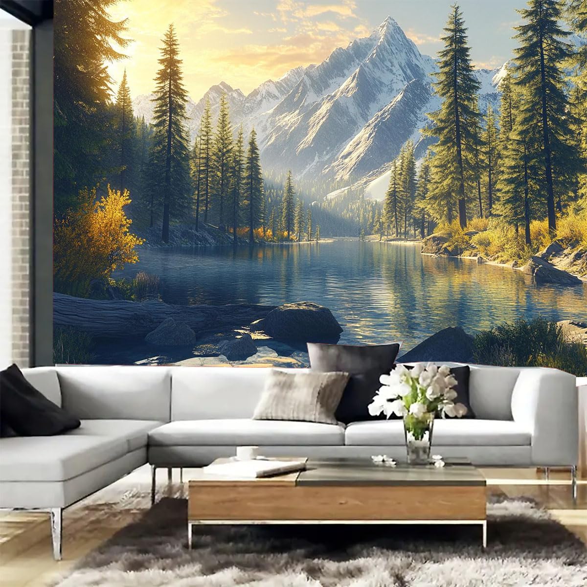 FENDROM Tranquility Lake Snow Mountain Scenery Tapestry Wall Hanging, Nature Forest Plant Trees Pictures Art Wall Tapestries Blanket for Bedroom Living Room Dorm Decor