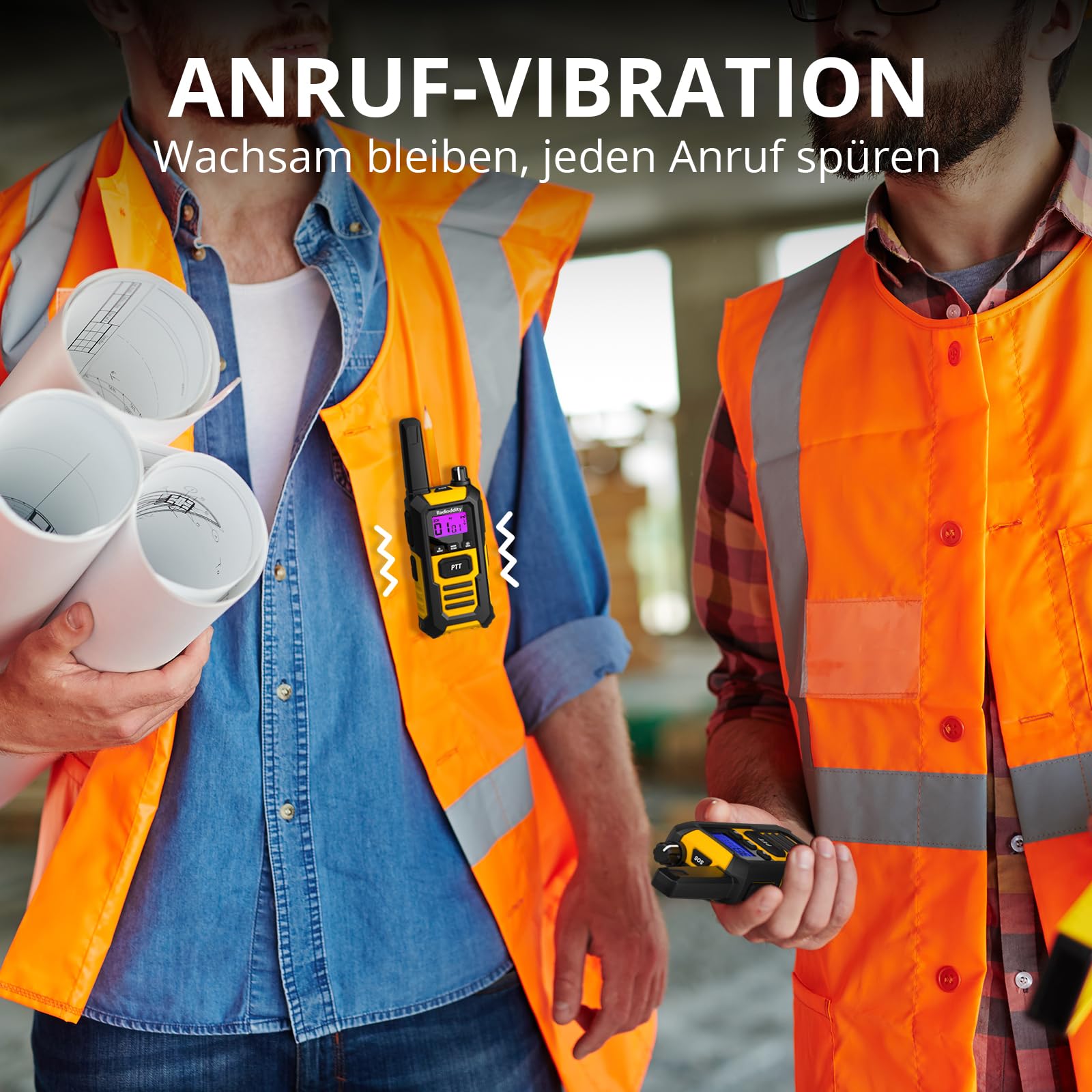 Radioddity HD-1 Funkgerät Set, Walkie Talkie wasserdicht IP67, Robuste PMR, staubdicht stoßfest mit EIN-Tasten-Gruppenruf, Vibrationsalarm, SOS, Dual PTT, Basis- und USB-C-Ladung (2 Stück, gelb)