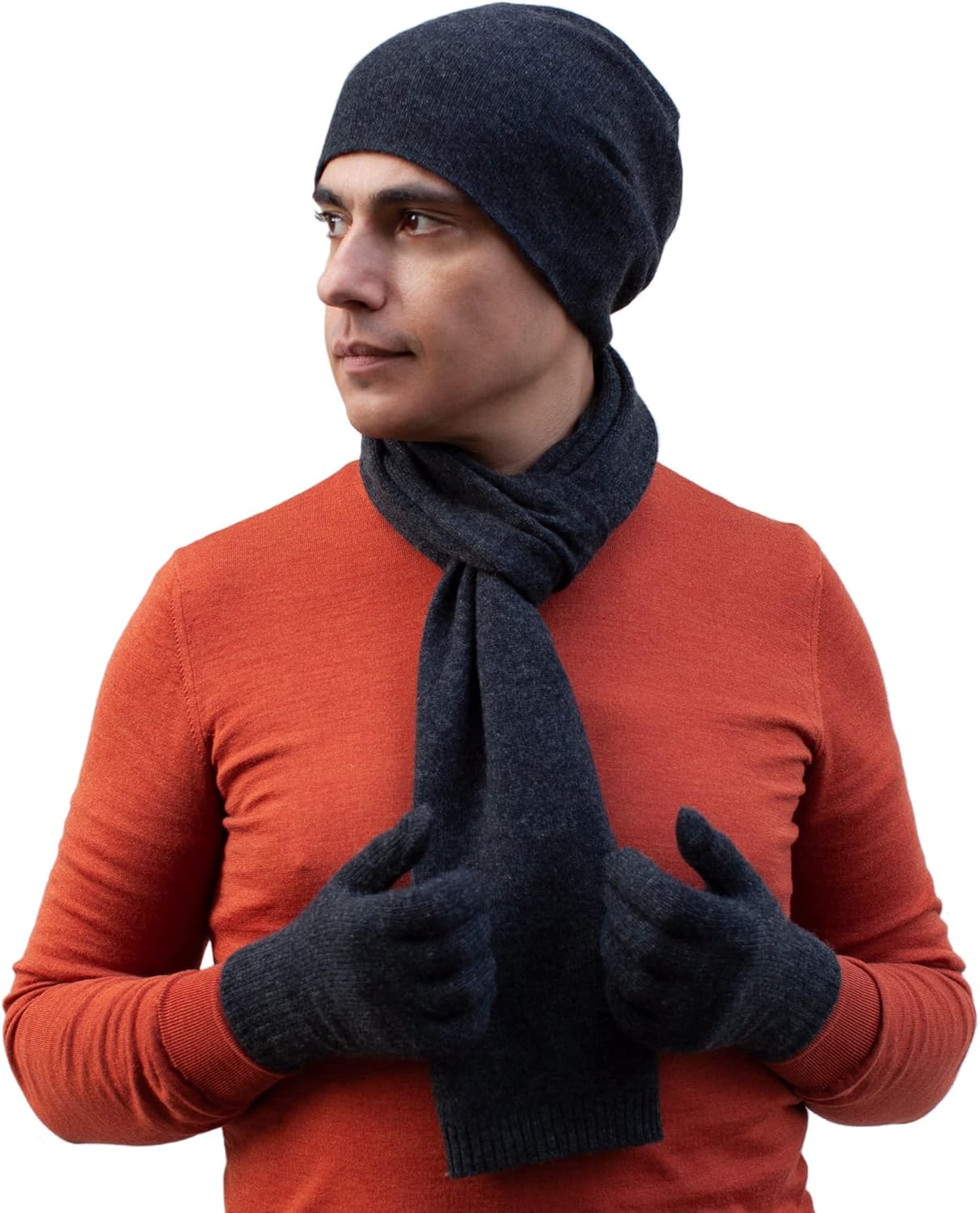 100% Cashmere Beanie Hat, Scarf and Touchscreen Gloves Set Unisex