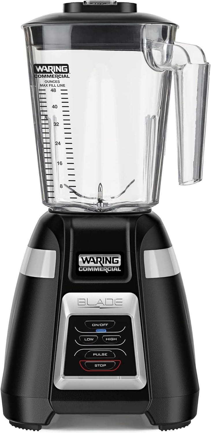 Waring Commercial BB320 Blender with text indicating Limited Two-Year Motor Warranty, One-Year Parts and Labor